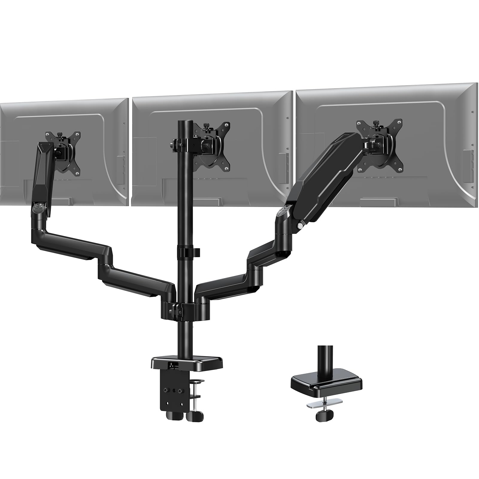 MOUNT PRO Triple Monitor Stand for 13-27 Inch Screens - Adjustable Gas Spring 3 Monitor Desk Mount with Full Motion Articulating Arms, Supports 17.6lbs per Screen (VESA 75x75/100x100) - Perfect for Gaming, Office Work & Multi-Tasking Setup
