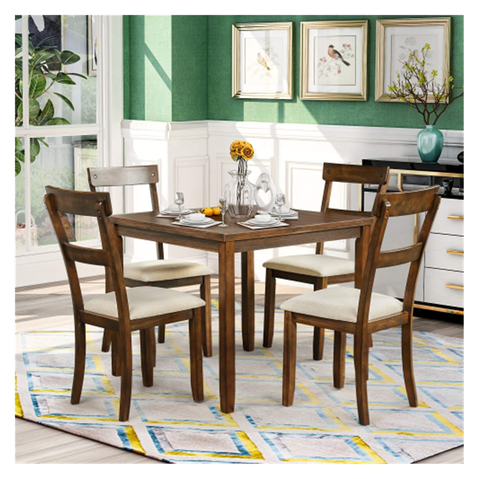 Industrial Wooden Dining Table Set with 4 Chairs - 5 Piece American Walnut Kitchen Table & Chairs for Home, Restaurant, or Cafe - Rustic Farmhouse Style Dining Room Furniture Set for Family Gatherings & Entertaining Guests