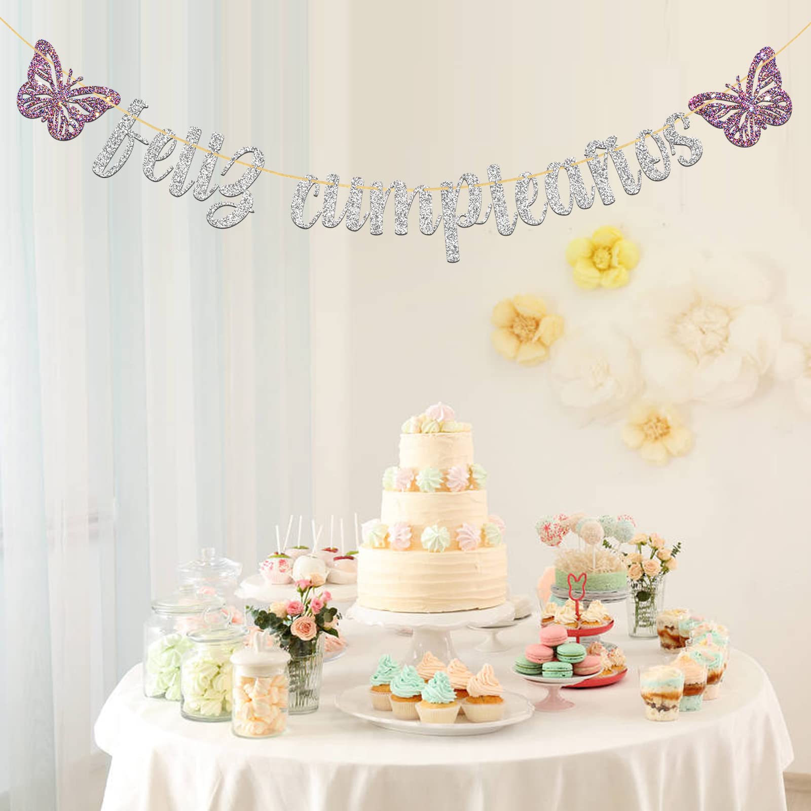 Happy Birthday Banner - Silver Glitter Butterfly Party Decorations for Spanish Themed Celebrations | Perfect for Birthday Parties, Baby Showers & Special Events