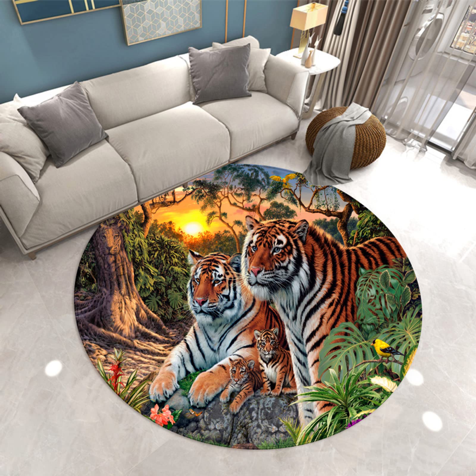 JUEWEIER Anime Tiger 3D Round Carpet - Non-Slip Floor Mat for Bedroom, Office & Gaming Chair - Soft Home Decor Rug for Kids Room, Living Room & Dorm