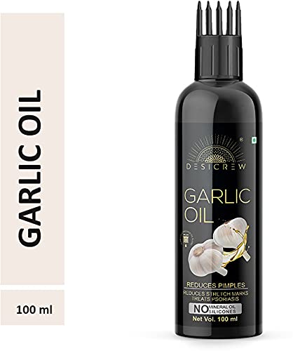 DESICREW Pure Cold Pressed Garlic Oil with Comb Applicator - Non-Sticky Hair Oil for Stronger, Thicker & Glossier Hair - Natural Moisturizer & Softener (100ml) - Perfect for Daily Hair Care & Scalp Massage at Home