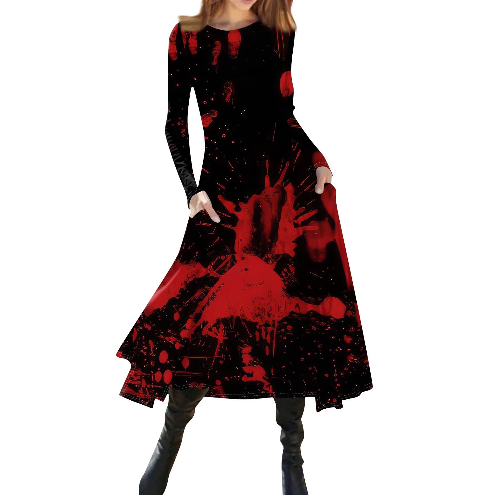 FlekmanArt Women's Long Sleeve A-Line Dress 2025 | Halloween Printed Round Neck Tunic Dress | Elegant Party Wear for Halloween, Christmas & Special Occasions