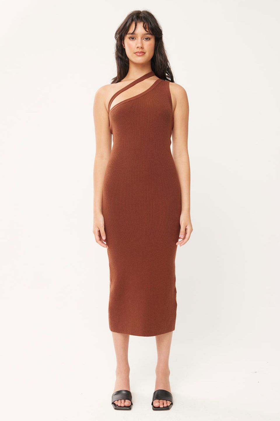 Elegant Dusk Brown One Shoulder Knit Midi Dress for Women - Perfect for Evening Parties, Date Nights & Special Occasions