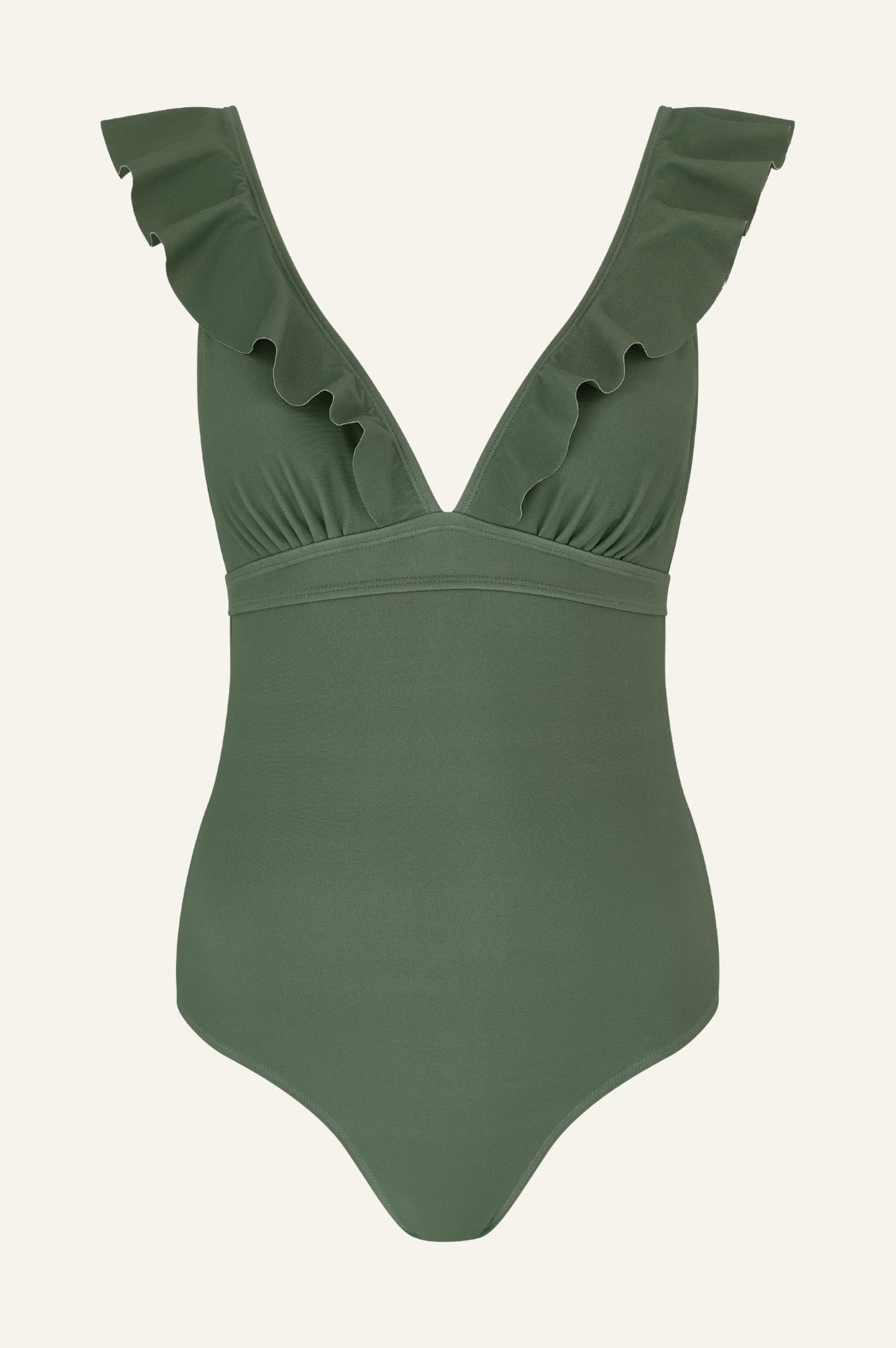 Eco-Friendly Recycled Frill V-Neck Swimsuit for Women - Khaki | Sustainable Beachwear for Summer Vacation & Pool Parties