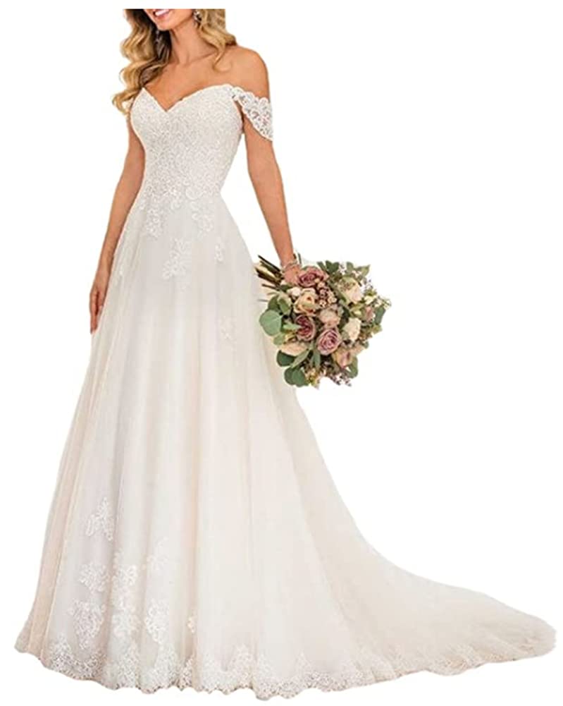 Snow Lotus Women's Off Shoulder Wedding Dress - Elegant Lace Applique A-Line Bridal Gown for Bride, Beach Wedding, Church Ceremony & Romantic Photoshoot