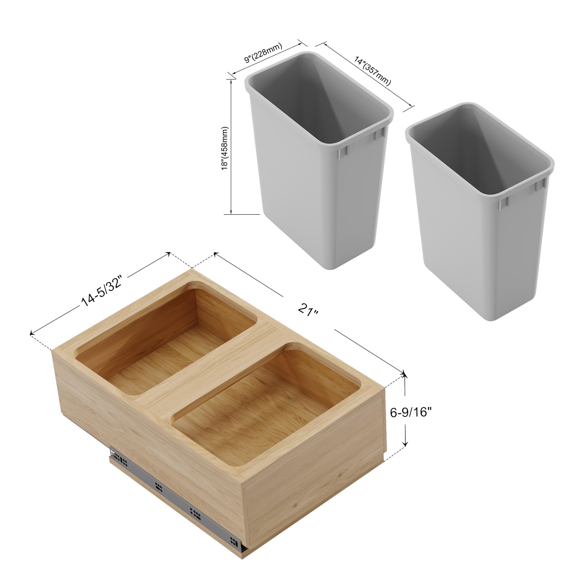 Dowell B18 Wood Base Pull-Out Trash Can Organizer with Two 35-Quart Plastic Bins (4008 0218 35 * 2) - Perfect for Kitchen Cabinet Storage & Waste Management