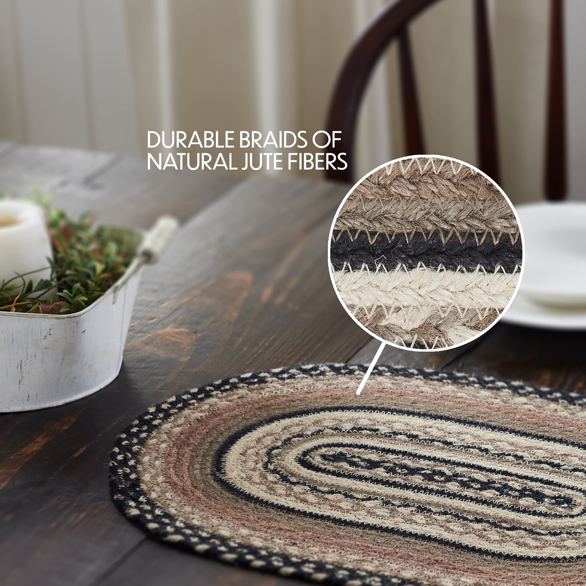 Sawyer Mill Braided Jute Oval Dining Table Placemat - Charcoal Creme 12x19 - Eco-Friendly Natural Fiber Table Decor for Farmhouse, Rustic & Coastal Dining Rooms