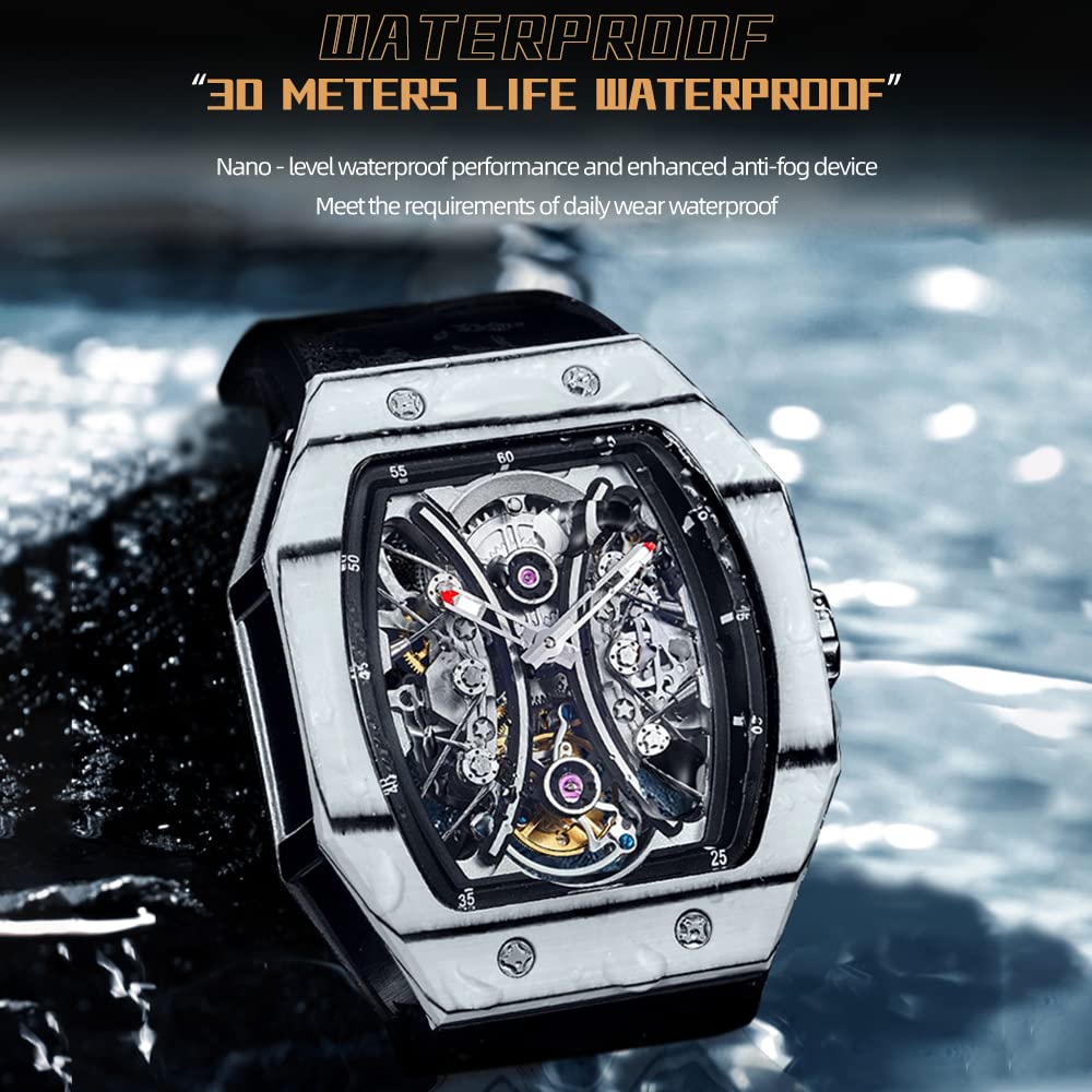 Premium AESOP Skeleton Tourbillon Watch for Men - Tonneau Mechanical Hand-Wind Wristwatch with Carbon Fiber Bezel, Stainless Steel Case & Hardlex Crystal | Waterproof, Luminous, Sporty Design with Comfortable Rubber Strap (Model 7035) - Perfect for Business Meetings, Formal Events & Luxury Fashion Statements