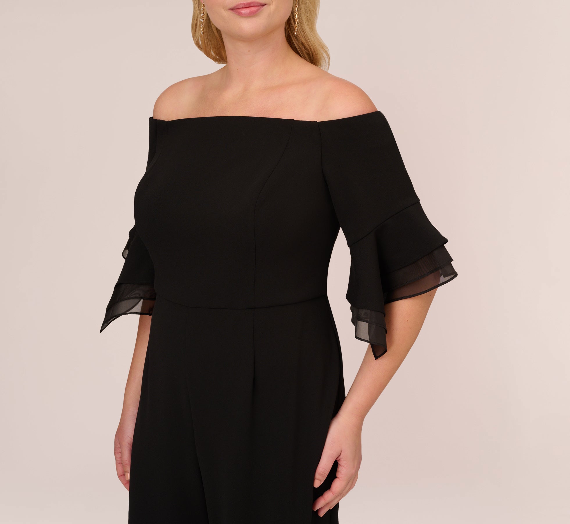 Black Plus Size Off The Shoulder Crepe Jumpsuit with Flowy Organza Sleeves - Elegant Evening Wear for Weddings & Special Occasions