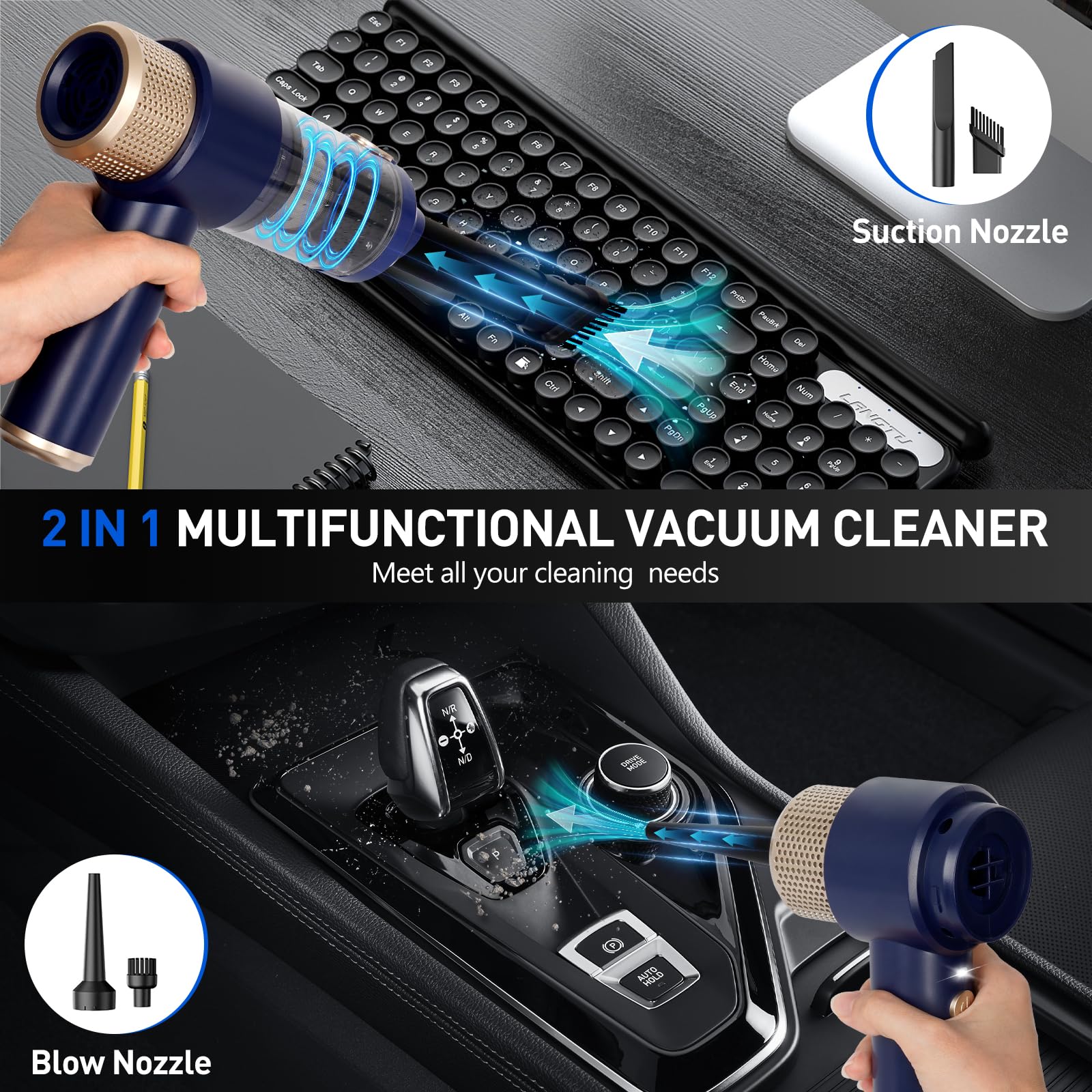 15000Pa Cordless Car Vacuum Cleaner & Air Duster with LED Light, Multi-Nozzles Handheld Vacuum for Car, Pet Hair, Home, Office, and Outdoor Use