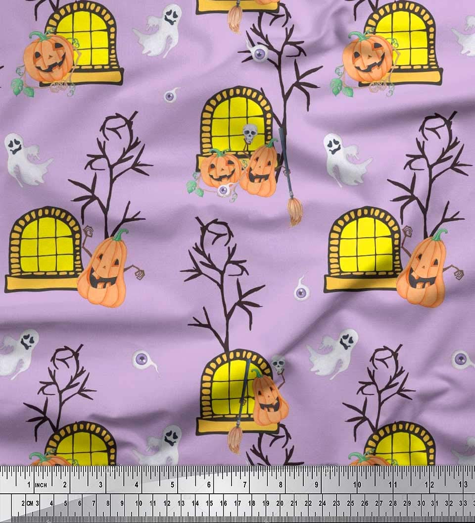 Soimoi Modal Satin Fabric - Halloween Printed Fabric with Haunted House, Pumpkin & Ghost Design - 42 Inch Wide for DIY Costumes, Home Decor & Party Supplies