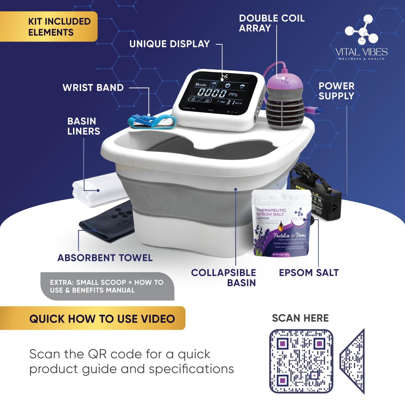 Ultimate Ionic Foot Bath Detox Machine - Spa Foot Detox with Touch Display, Includes Epsom Salt & Towel - Collapsible Soaking Tub with Ion Wristband & Tub Liners - Perfect for Home Spa, Relaxation, and Foot Care Therapy