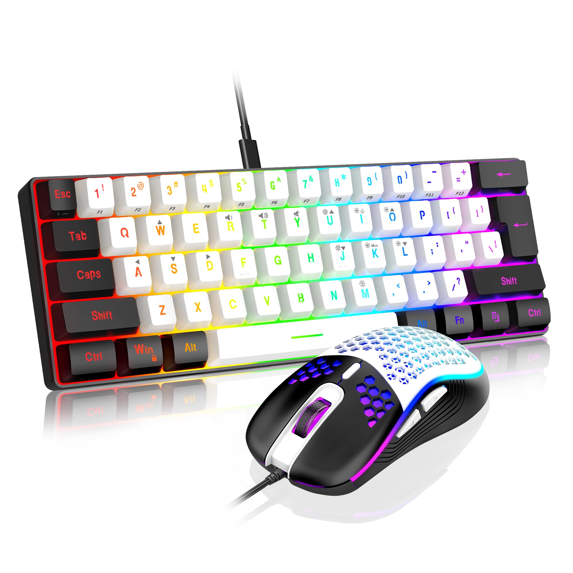 RedThunder 60% Mechanical Gaming Keyboard and Mouse Combo - RGB Backlit 61-Key Compact Keyboard with 7200 DPI Honeycomb Optical Mouse - Wired Gaming Set for PC, PS5, Xbox (White-Black) | Perfect for Esports, Streaming & Office Work