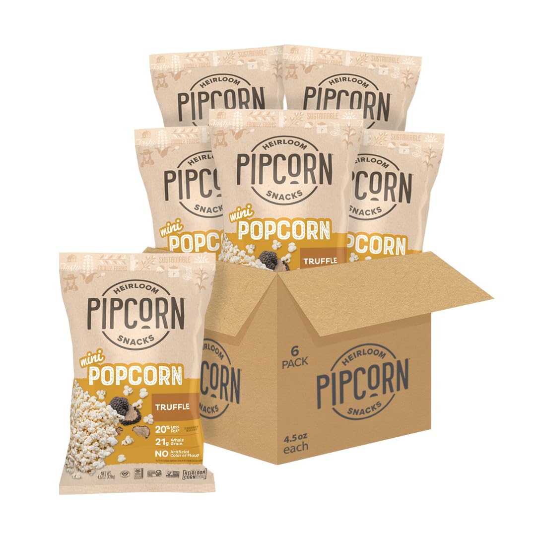 Pipcorn Heirloom Truffle Mini Popcorn - 4.5oz 6 Pack | Gluten Free Healthy Snacks, Non-GMO Heirloom Corn, Black Truffle Flavor | Perfect for Movie Nights, Office Snacks & Party Treats
