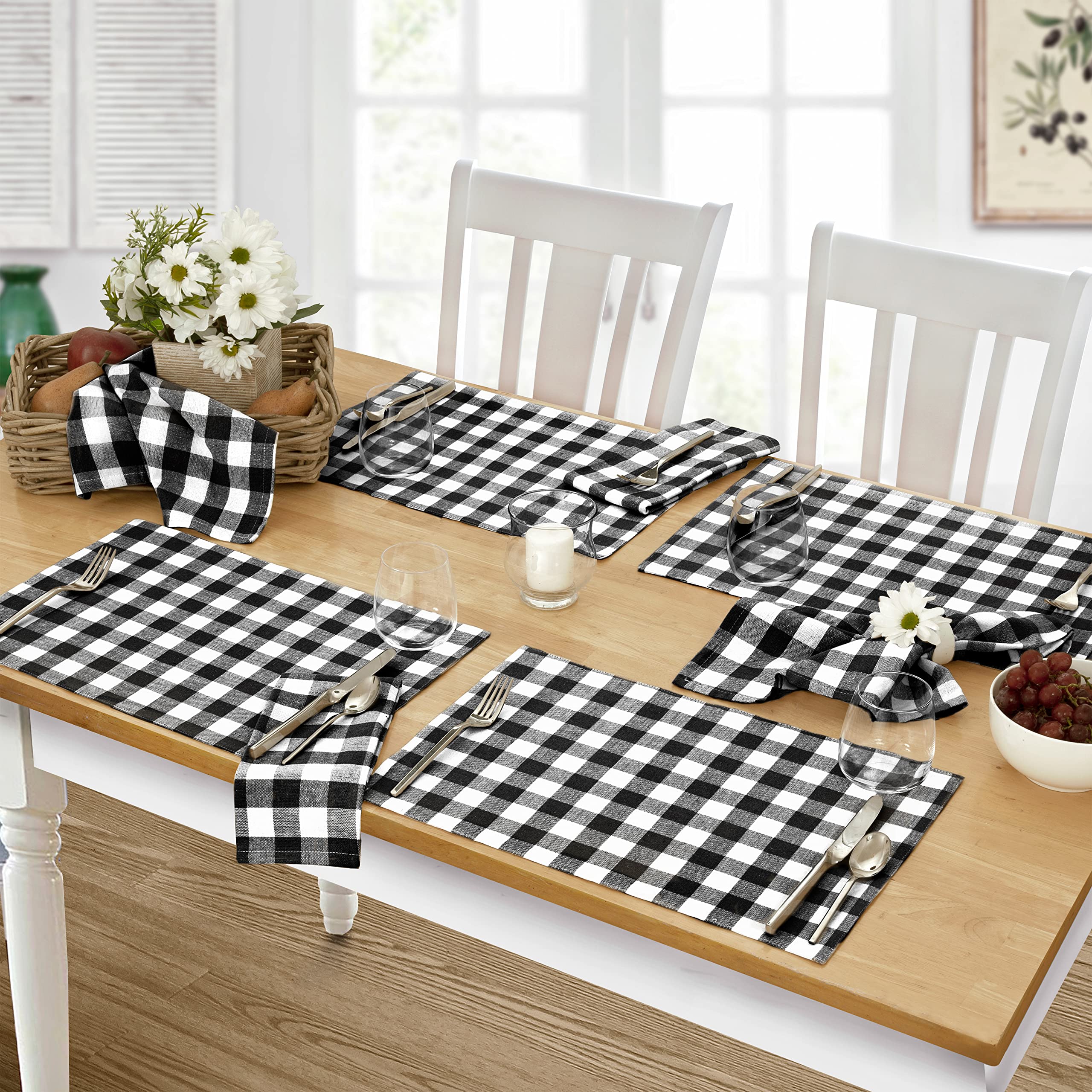 Rustic Buffalo Plaid Cotton Placemats Set of 4 - Black Checkered Cottage Gingham Table Mats for Farmhouse Dining & Kitchen Decor - Easy Care Washable Placemats for Thanksgiving, Christmas, and Everyday Use