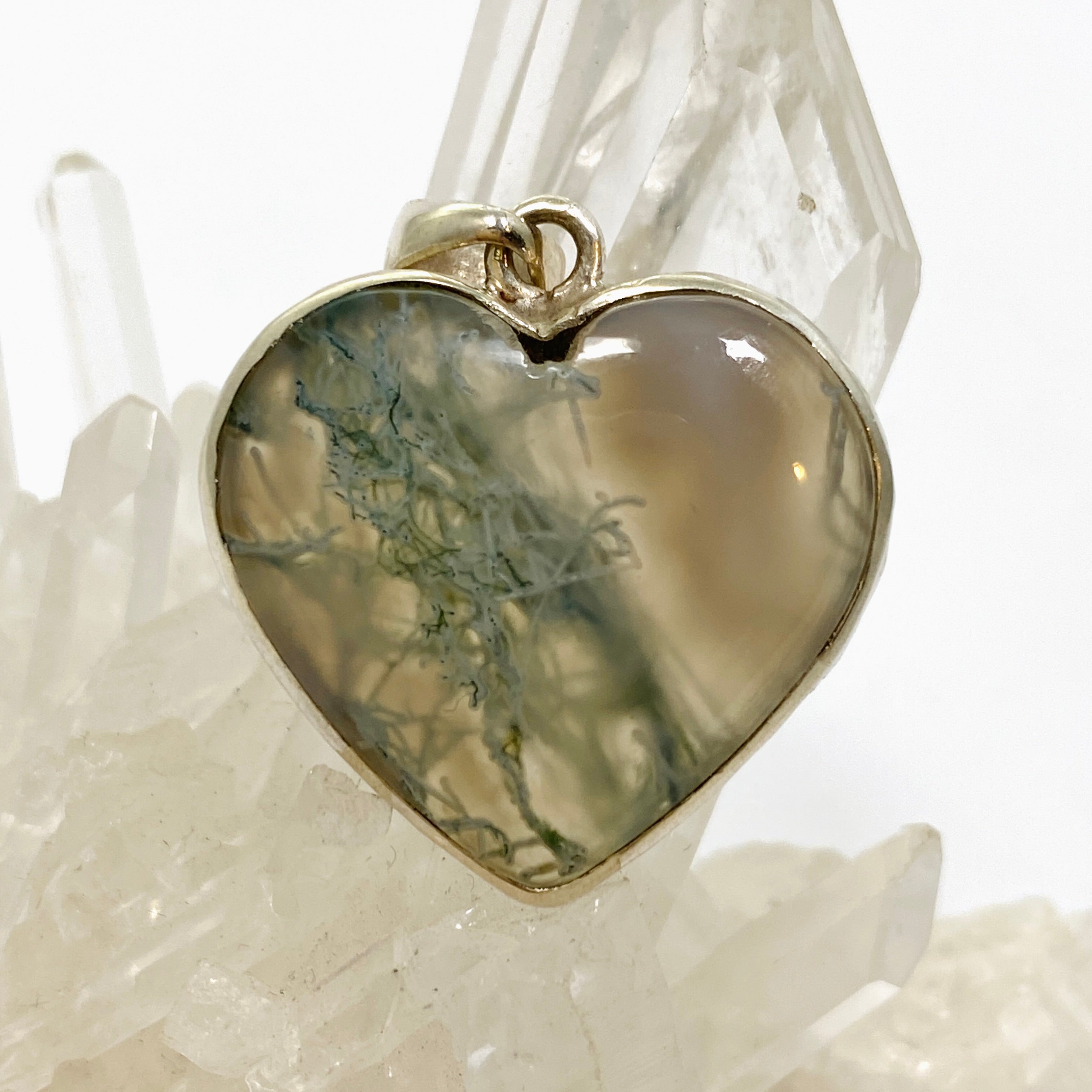 Natural Moss Agate Heart Cabochon Pendant in Hammered Sterling Silver Setting KPGJ4703 - Perfect for Jewelry Making, Gifts & Spiritual Healing