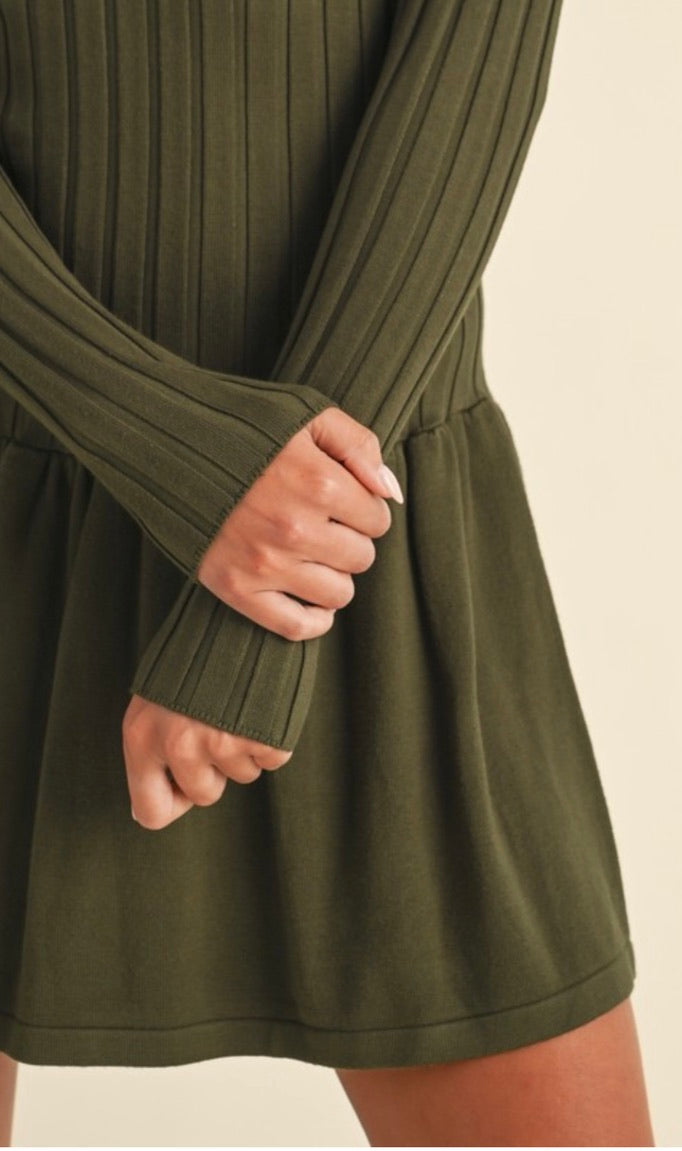 Olive Ribbed Long Sleeve Crewneck Drop Waist Flare Dress for Women | Elegant Fall Winter Outfit for Casual Wear, Office, Date Night & Special Occasions