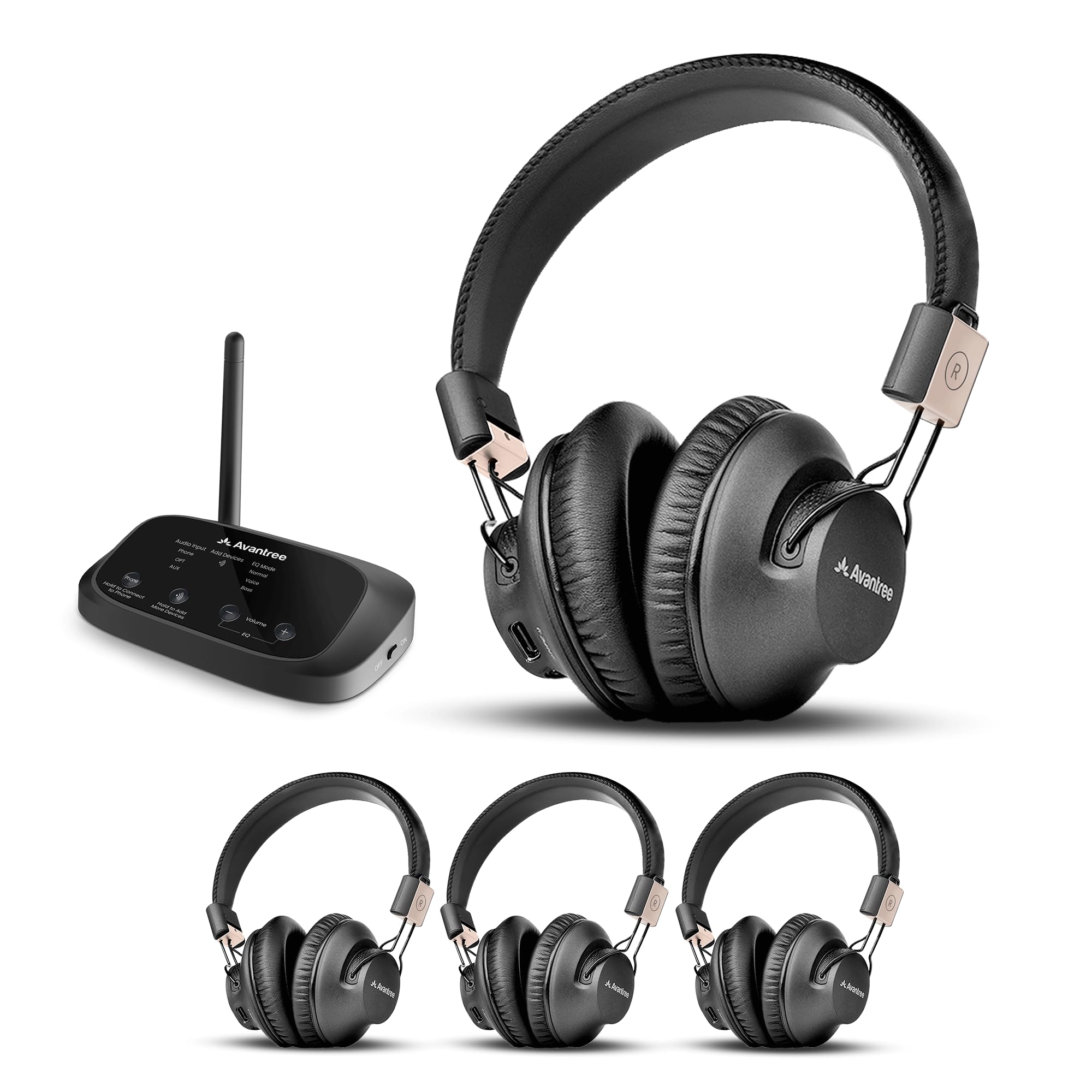Avantree Quartet 2 - Wireless Bluetooth Headphones & Transmitter Set for Group Listening - 4 Rechargeable Low Latency Headphones with HD Sound - Perfect for Parties, Silent Discos, Church, TV Watching, and Home Entertainment