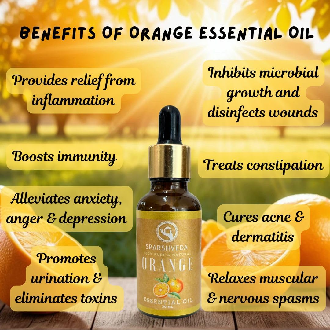 Sparshveda 100% Pure Organic Orange Essential Oil – Steam Distilled, Therapeutic Grade, Natural Citrus Oil for Aromatherapy, Diffuser, Skin & Hair Care (30ml) – Perfect for Relaxation, Massage & DIY Beauty Products