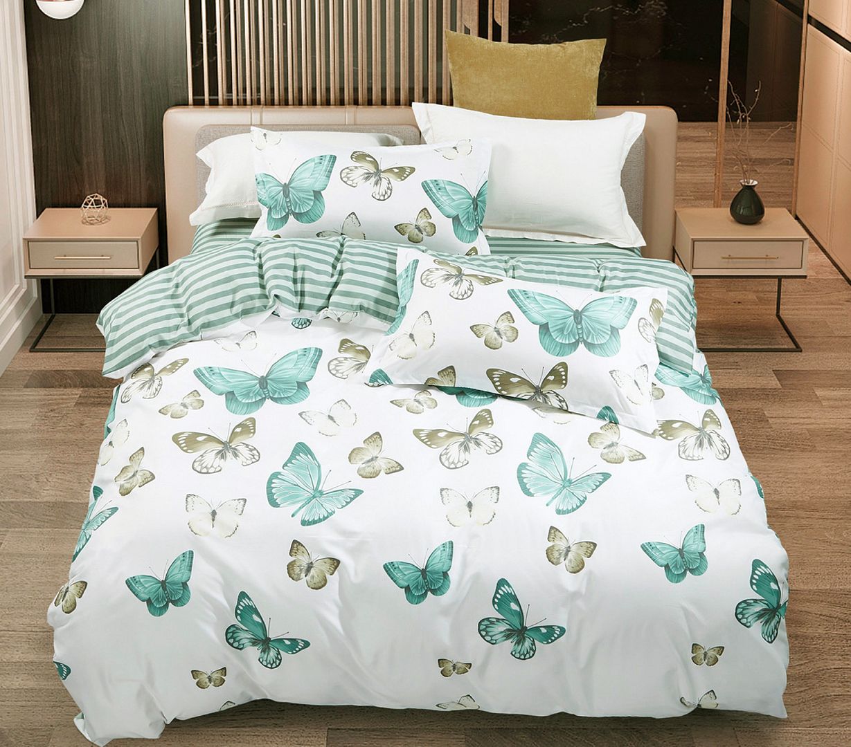 Fleur Butterfly King Size Quilt Cover Set - Luxury 100% Cotton Duvet Cover with Pillowcases - Perfect for Master Bedroom, Guest Room & Hotel Decor