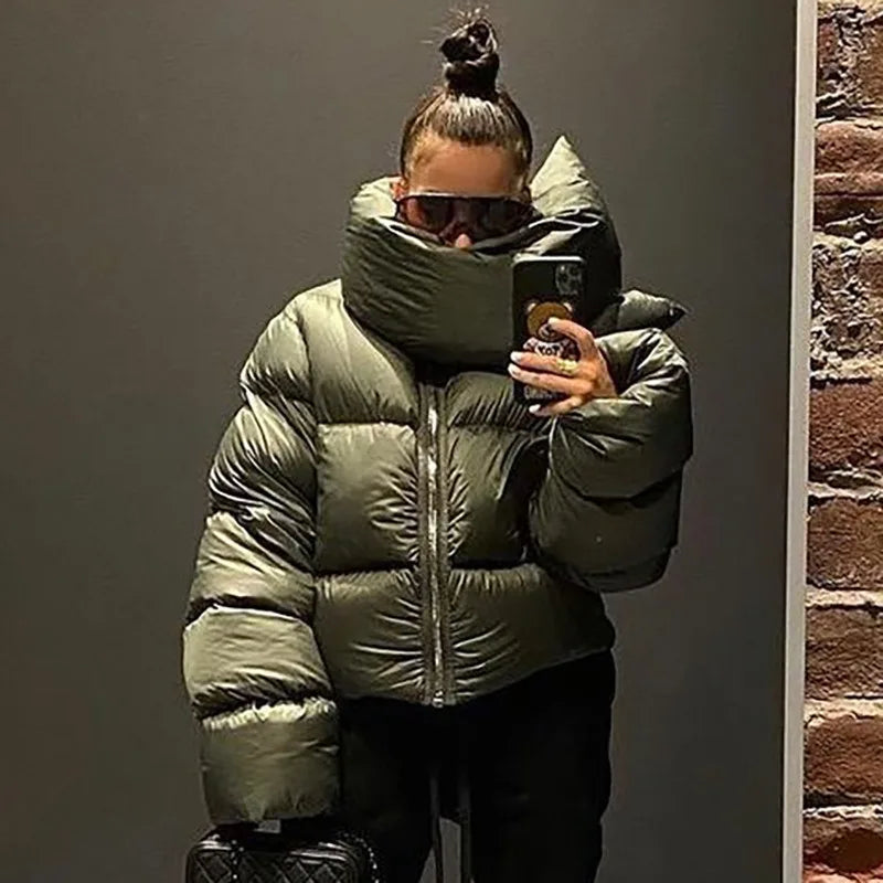Women's Fashion Winter Scarf Collar Zipper Puffer Jacket - Beige Khaki Bubble Coat Casual Outerwear Short Parka | Perfect for Street Style, Daily Commute & Cold Weather Protection
