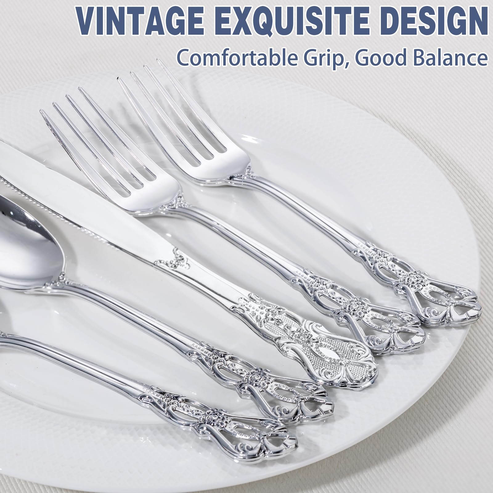 150-Piece Heavy Duty Silver Plastic Cutlery Set - Disposable Silverware Kit with 50 Forks, 50 Spoons & 50 Knives - Elegant Plastic Utensils for Catering, Parties, Weddings, Picnics & Outdoor Events
