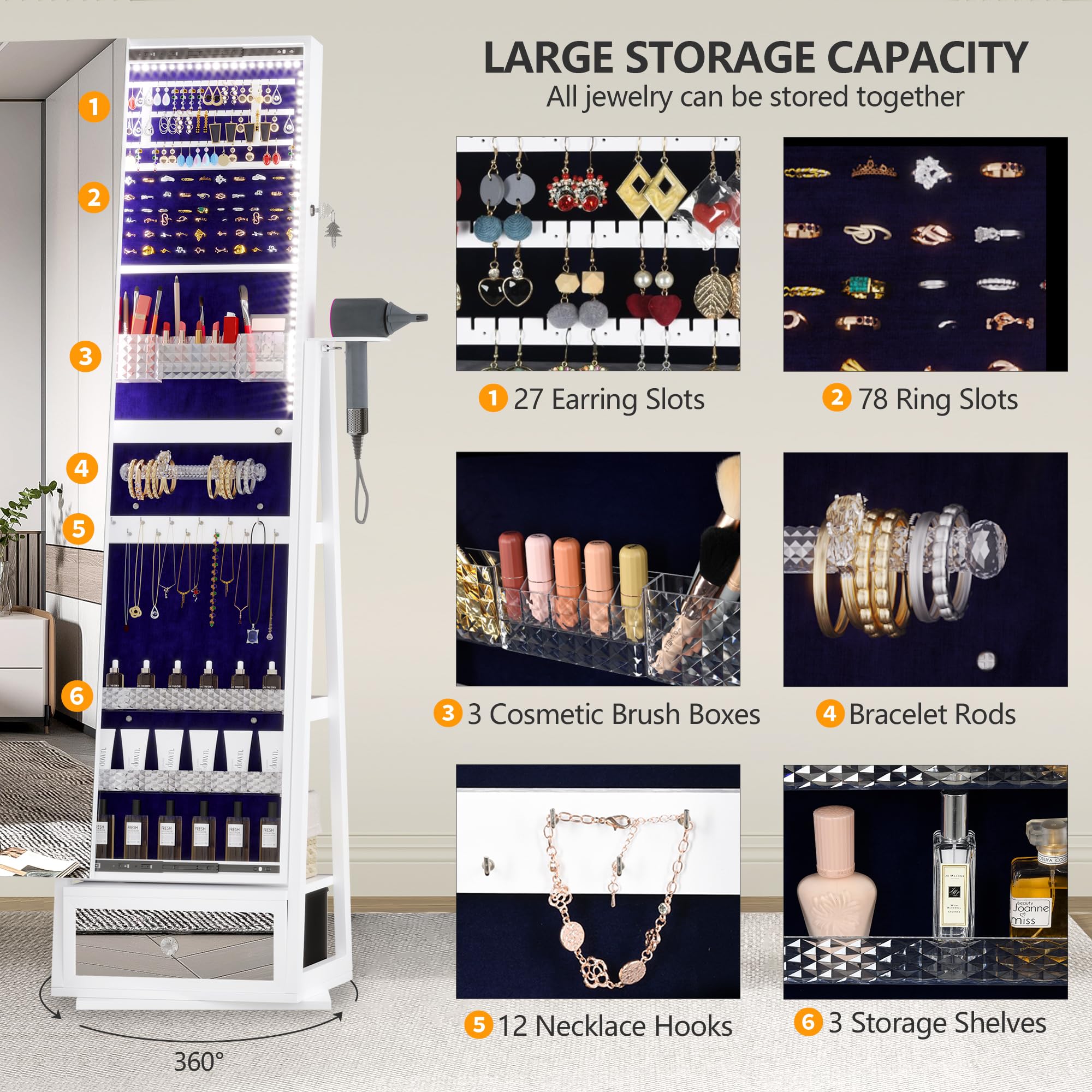 Full Length Mirror with Jewelry Armoire Storage - 360° Rotating Standing Jewelry Organizer Cabinet with LED Lights, Sliding Mirror & Large Capacity for Bedroom, Dressing Room, Closet (White) - Perfect for Organizing Necklaces, Rings & Accessories
