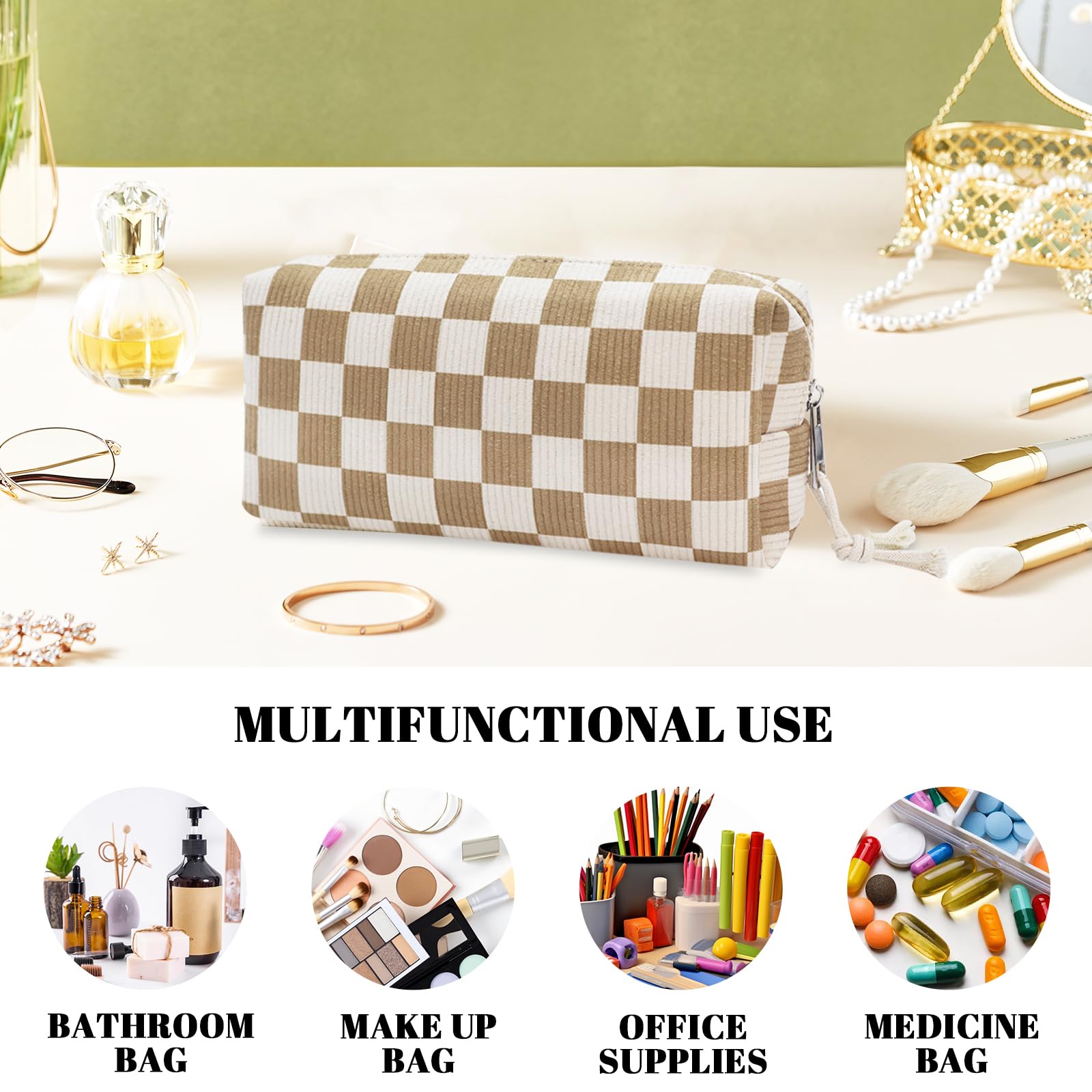 Stylish Corduroy Makeup Bag for Women - Travel Cosmetic & Toiletry Organizer with Checkerboard Design | Perfect for Brushes Storage, Gym Essentials, and Weekend Getaways