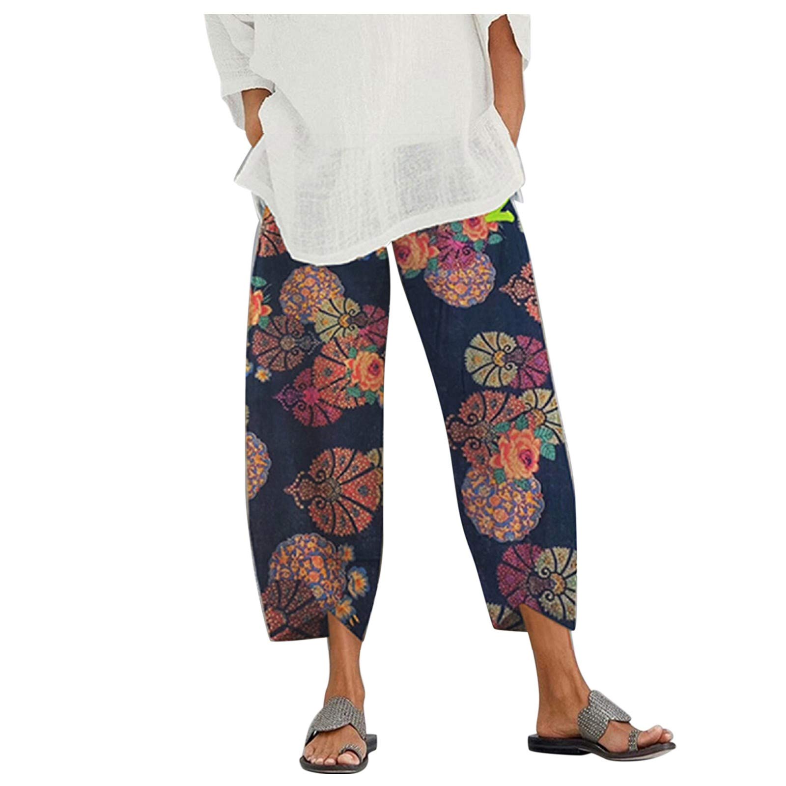 Women's Linen Flare Palazzo Pants - Casual Cotton Linen Cropped Pants for Summer, Travel & Lounge Wear - Breathable & Comfortable Boho Style Pants