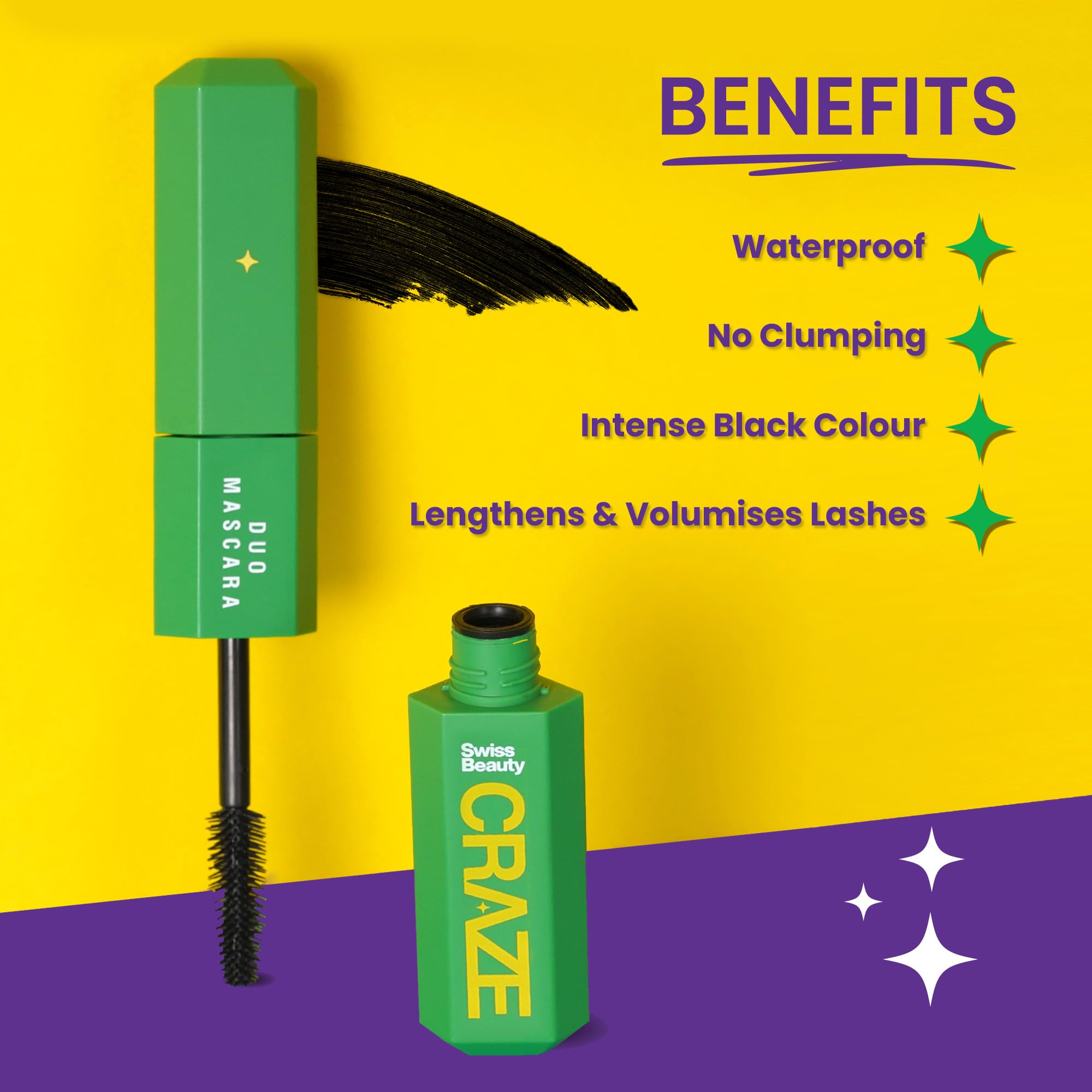 Swiss Beauty Craze Duo Mascara - 2-in-1 Lengthening & Volumizing Mascara | Clump-Free, Smudgeproof & Waterproof Formula | Black, 20ml | Perfect for Day to Night Makeup & Special Occasions