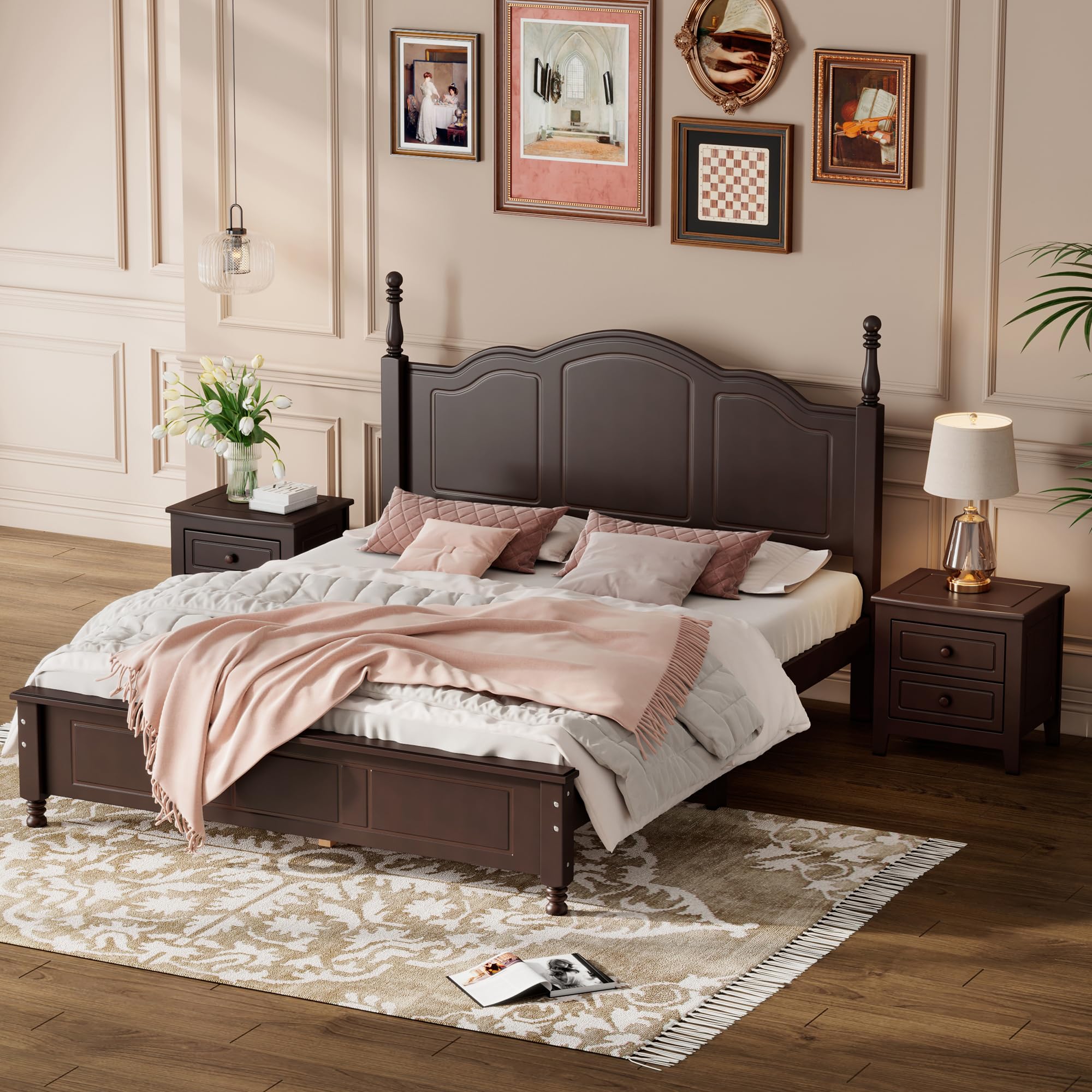 Merax Dark Walnut Modern Farmhouse Wood Queen Bed Frame Set with 2 Storage Nightstands - Easy Assembly Bedroom Furniture for Master Suite & Guest Room