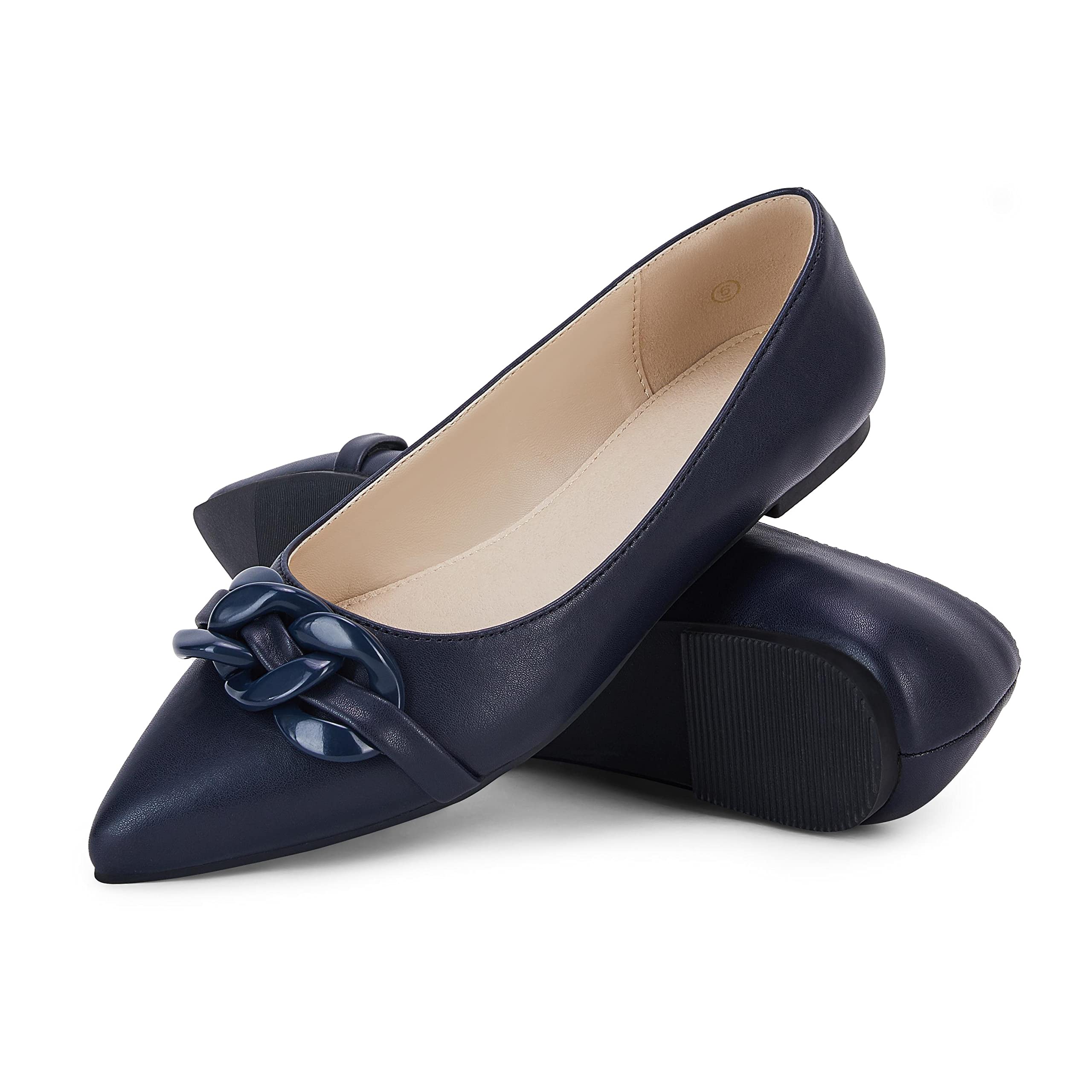 Coutgo Women's Ballet Flats - Pointed Toe Slip On Loafers with Chain Detail | Comfortable Dress Shoes for Women | Perfect for Office, Wedding & Casual Outfits