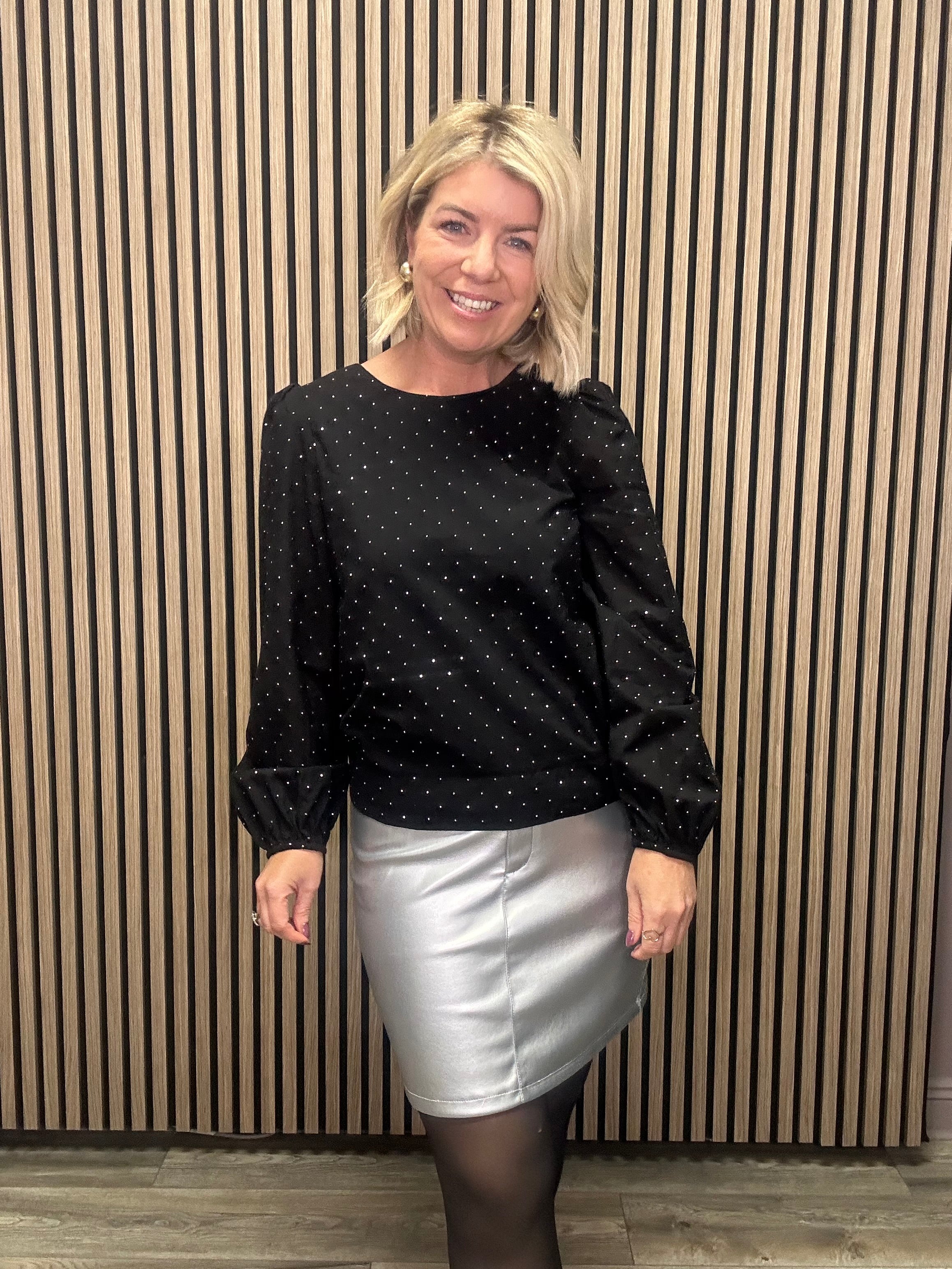 Gina Rhinestone Blouse for Women - Elegant Black Sequin Top with Rhinestone Details | Perfect for Parties, Evening Events & Special Occasions