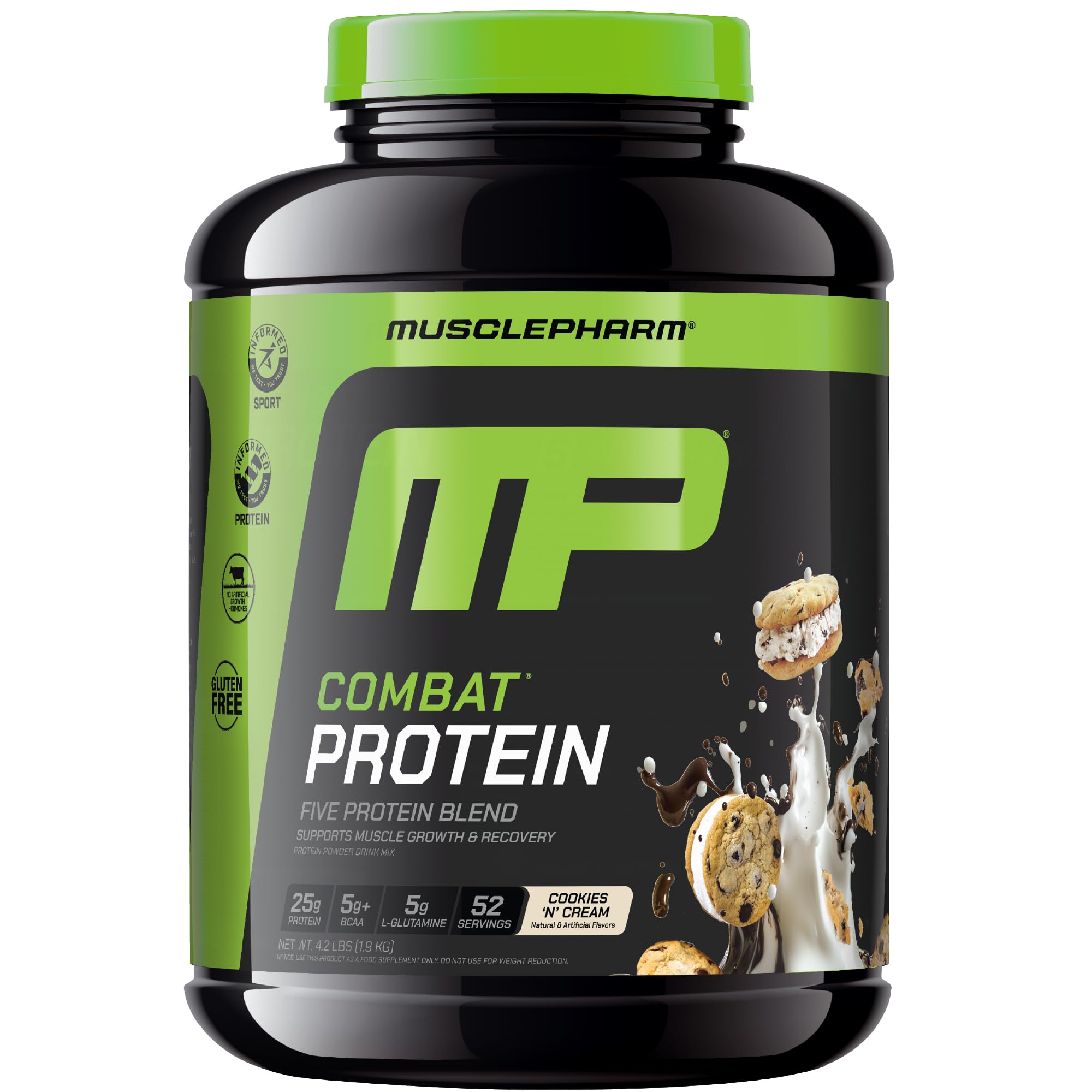 MusclePharm Combat Protein Powder - Cookies 'N' Cream Flavor | 5 Protein Sources (Whey Isolate & Egg Albumin) | Gluten Free | 4lb (52 Servings) | Post-Workout Recovery & Muscle Growth Supplement for Athletes & Fitness Enthusiasts