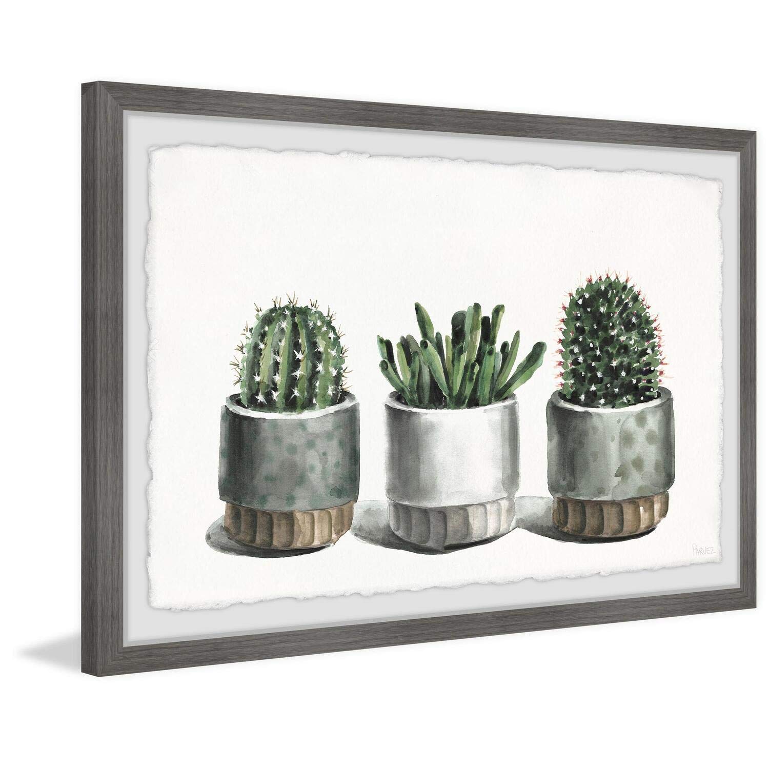 Parvez Taj Metallic Cactus Pots Framed Wall Art Print - 36x24 Inches - Desert Chic Home Decor for Living Room, Bedroom & Office