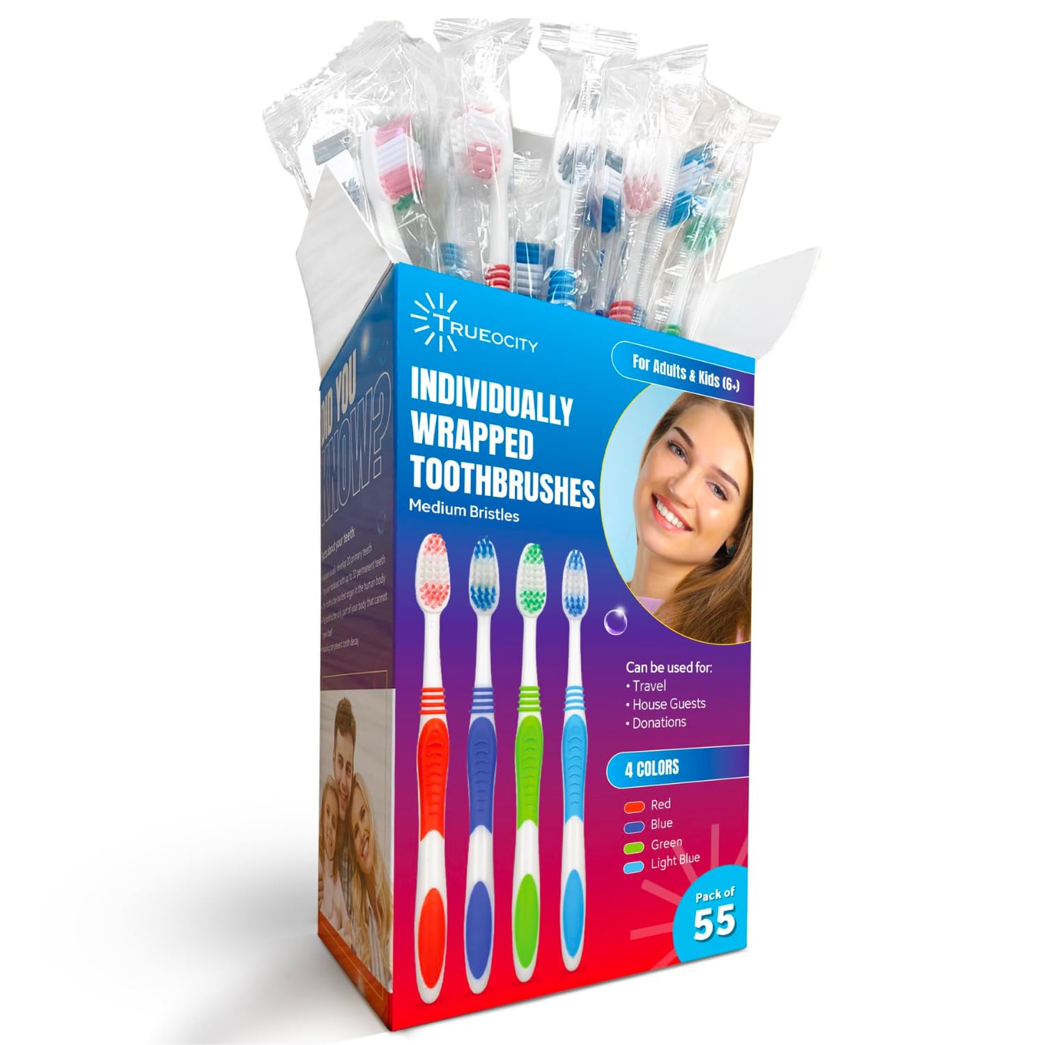55 Pack Bulk Toothbrushes Individually Wrapped - Medium Bristles Soft Toothbrushes for Adults & Kids, Multi-Colored Dental Care Essentials for Home, Travel, School, and Office Use