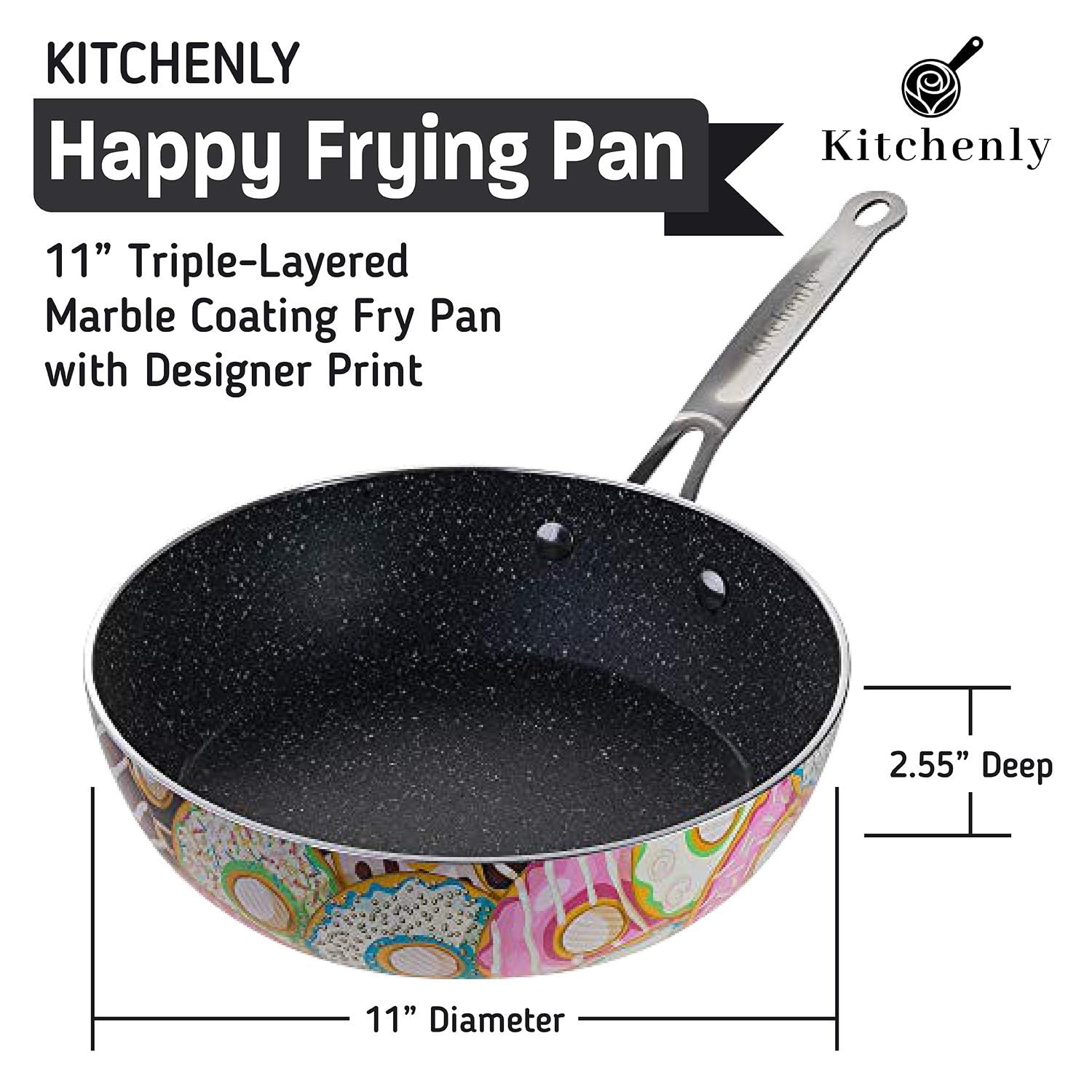KITCHENLY™ 11 Inch Nonstick Deep Frying Pan with Lid - Stone Coated Cookware for Gas, Electric & Induction Stoves - Oven Safe - Perfect for Sautéing, Frying & Cooking Eggs