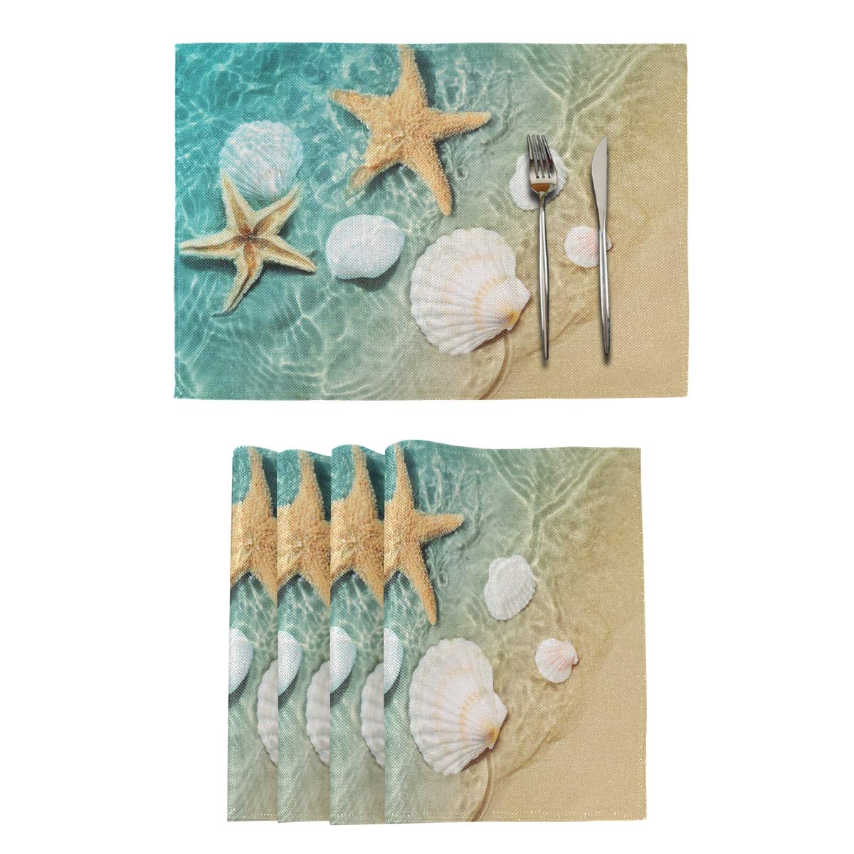 AGONA Starfish Seashell Placemats Set of 4 - Burlap Heat Resistant Non-Slip Table Mats - Washable Anti-Skid Placemats for Dining Table, Kitchen & Home Decor - Perfect for Summer Beach Themed Parties & Coastal Style Dining