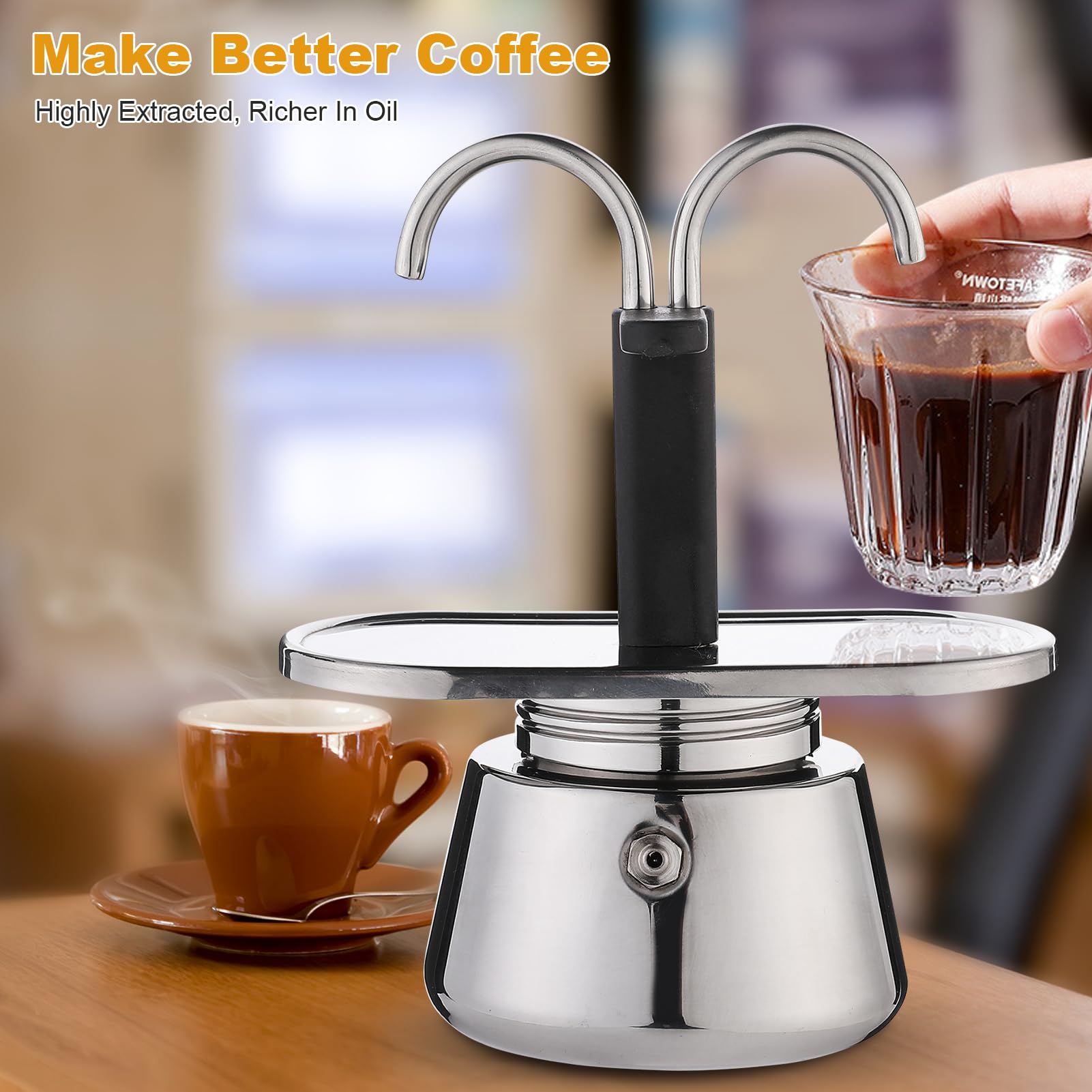 Pilipane Stainless Steel Moka Pot - 2 Cup Stovetop Espresso Maker (100ML) with Double Spout for Perfect Espresso, Cappuccino & Latte - Ideal for Home, Office & Camping Coffee Brewing