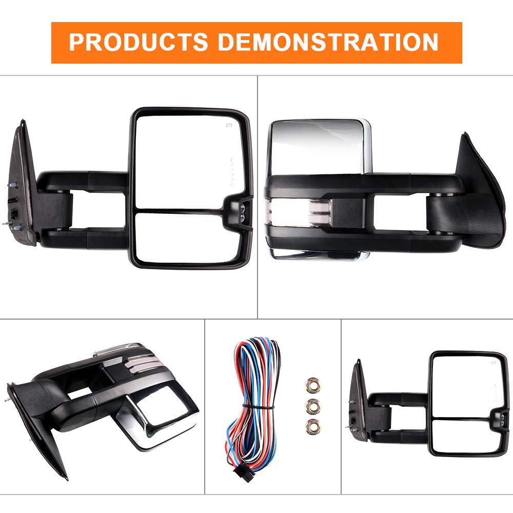 Roadfar Power Heated Towing Mirrors for 1999-2002 Chevy Silverado & GMC Sierra Pickup - LED Turn Signal, Running Lights, Chrome Housing (Left & Right Side) - Perfect for Towing, Camping & Off-Road Adventures