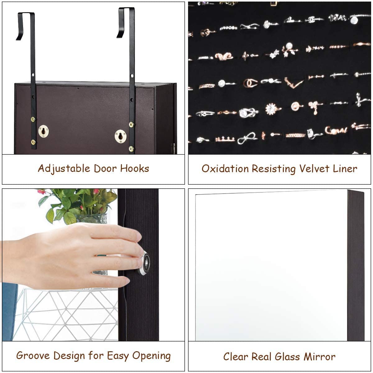 Hysache Full-Length Mirror Jewelry Armoire with LED Lights - Lockable Wall Mount Jewelry Cabinet Organizer with Makeup Pouch, Bracelet Rod & Storage for Necklaces, Rings - Perfect for Bedroom, Dressing Room & Vanity (Brown)