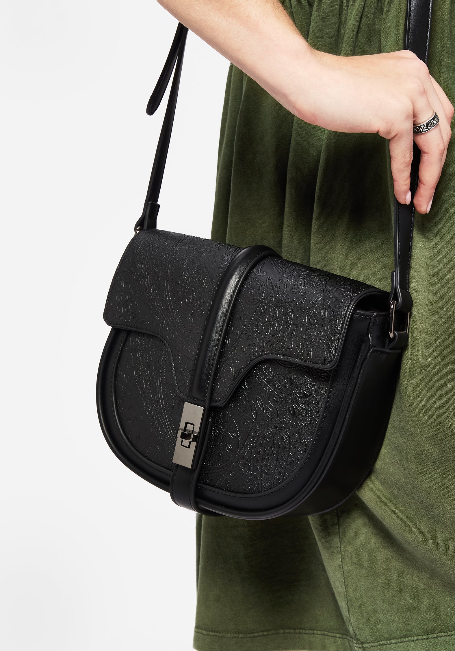 Stylish Cypress Paisley Debossed Crossbody Satchel Bag for Women - Black Leather Purse - Perfect for Work, Travel & Everyday Use
