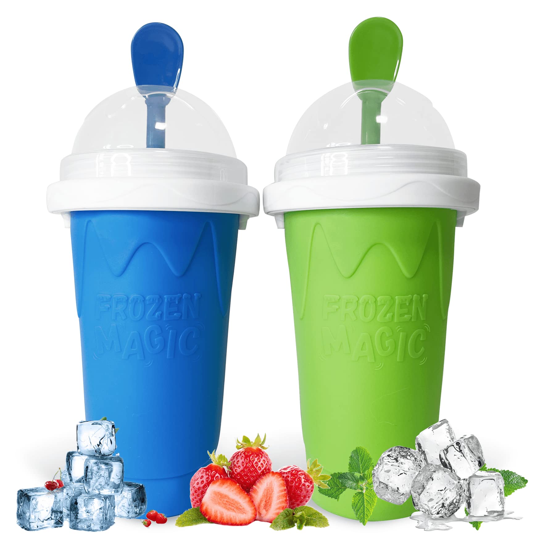 2 Pack REGNBUE Slushie Maker Cups - Quick Frozen Smoothie & Ice Cream Maker, Double Layer Squeeze Cup for Homemade Milk Shakes - DIY Cooling Cups for Kids & Family (Blue + Green) - Perfect for Summer Parties, BBQs & Backyard Fun