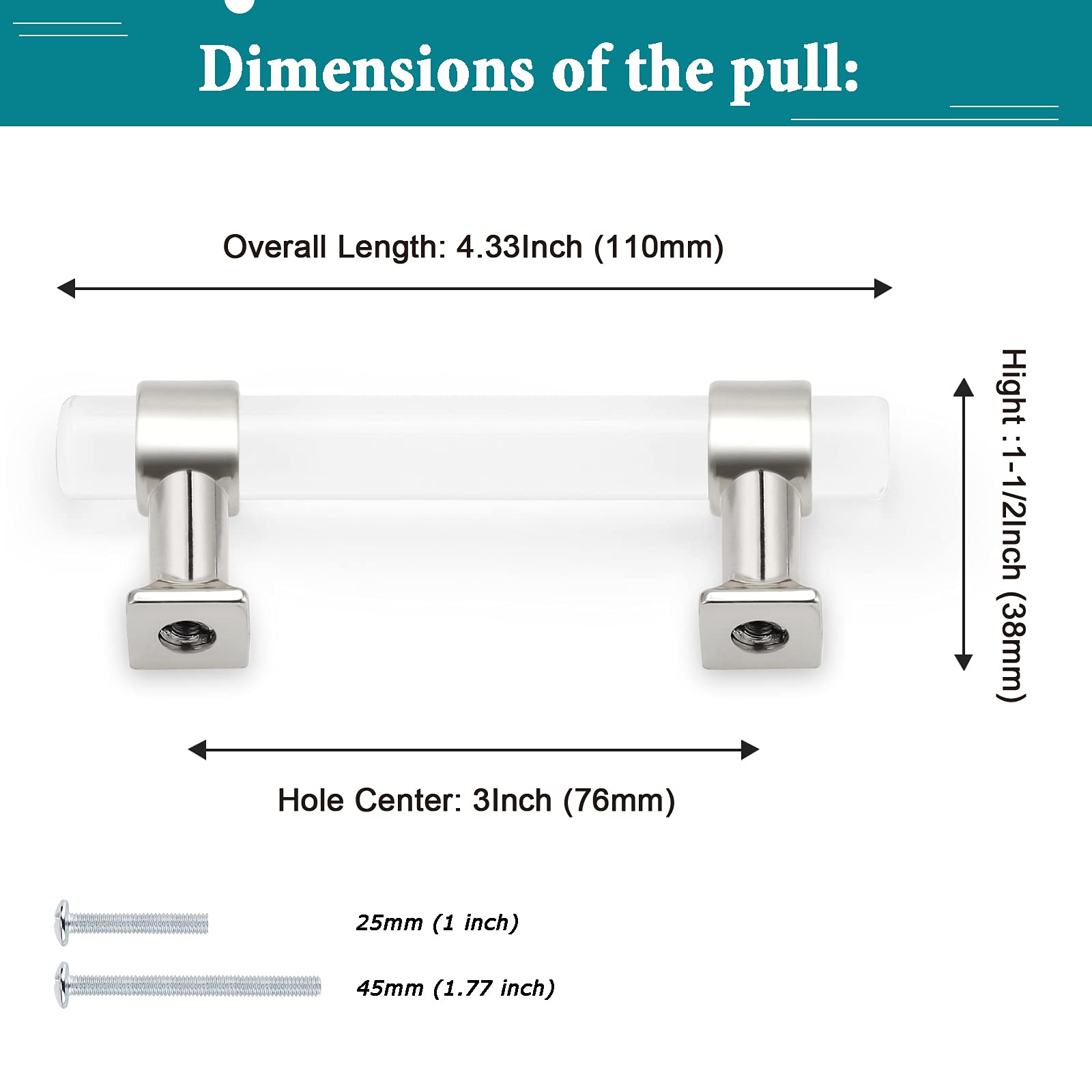 50 Pack Brushed Silver Chrome Cabinet Handles - Modern 3 Inch (76mm) Hole Center Drawer Pulls for Kitchen Cabinets, Dressers & Cupboards | Durable Acrylic Hardware for Home & Office Organization