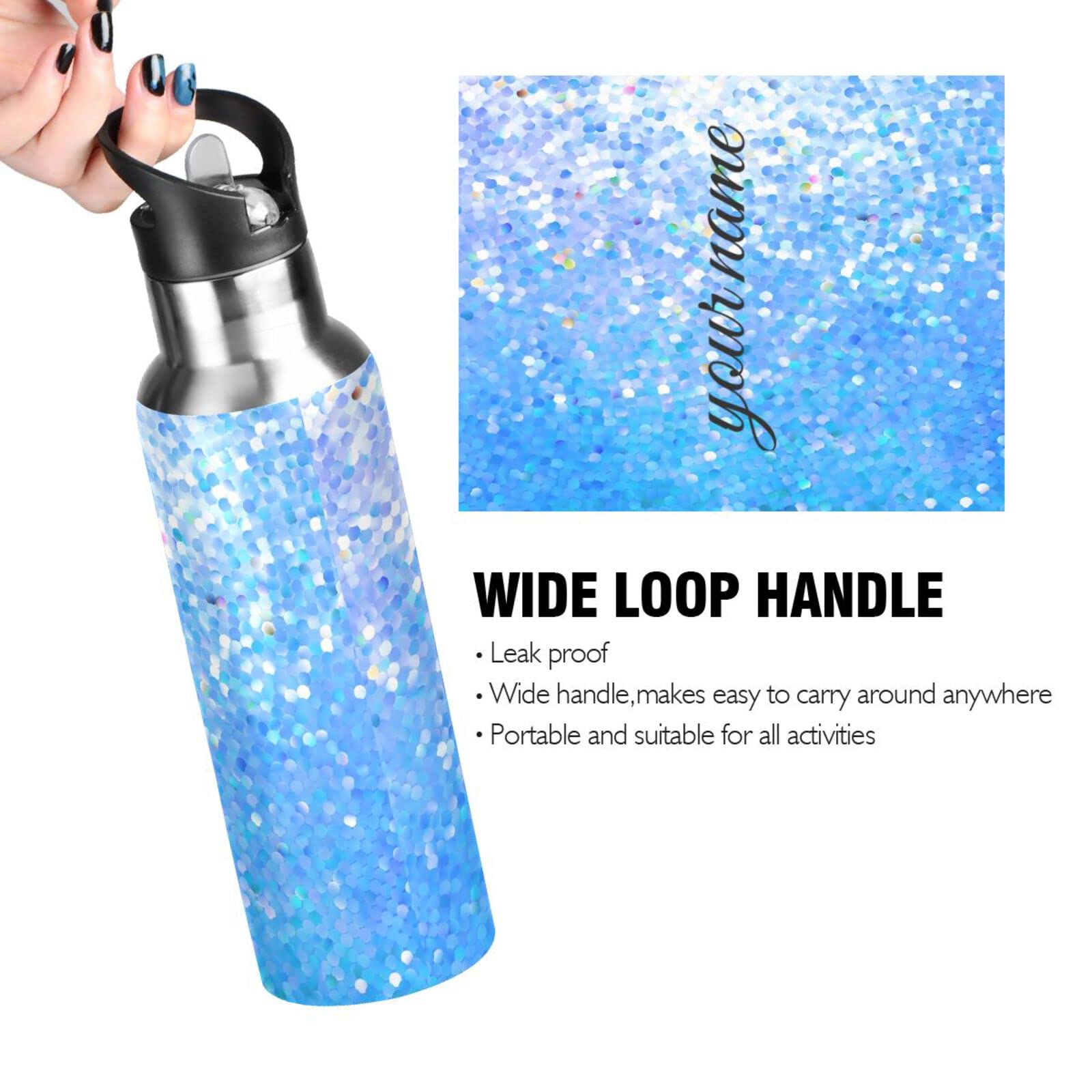 **Personalized 20 oz Stainless Steel Water Bottle with Straw Lid - Custom Name & Glitter Design - Double Wall Insulated for School, Sports, Gym & Outdoor Activities**