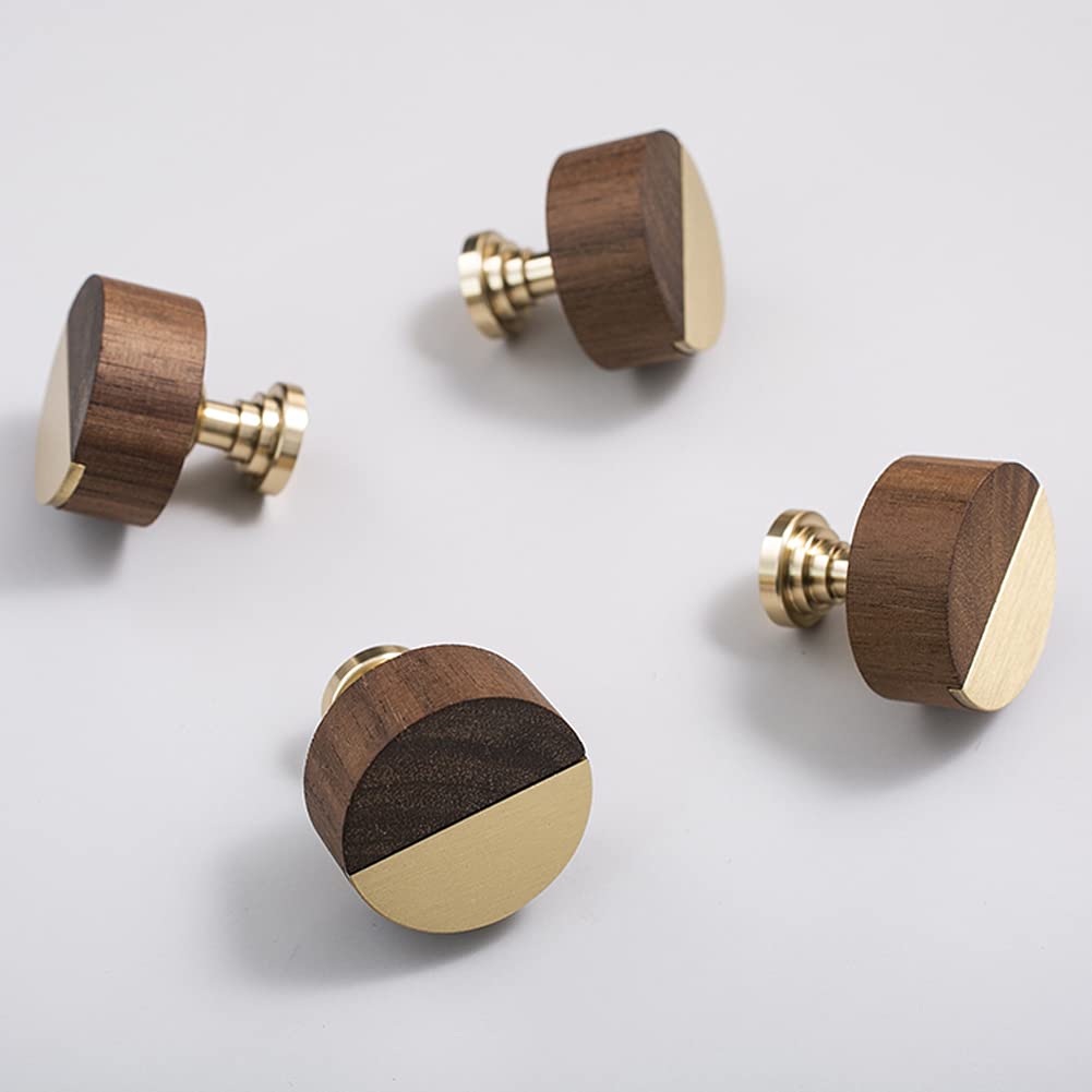 2Pcs Brass & Walnut Cabinet Knobs - Round Drawer Pulls for Kitchen & Furniture Hardware