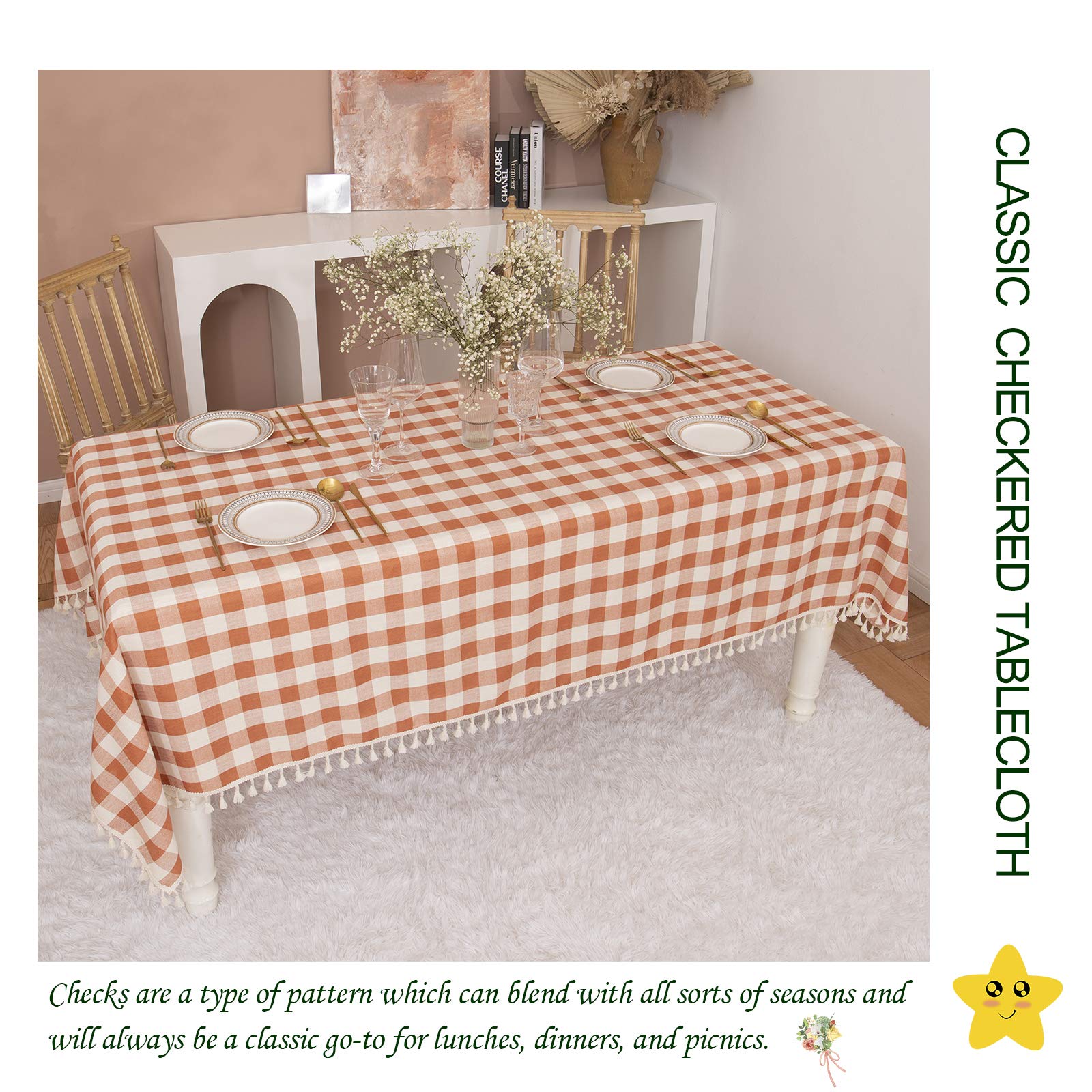 Rustic Gingham Cotton Tablecloth - Buffalo Plaid Kitchen Table Cover for Fall, Thanksgiving & Christmas Decor - 55x102 Inch Rectangle Orange Table Cloth - Perfect for Holiday Dining, Restaurant Decor & Outdoor Picnic Parties