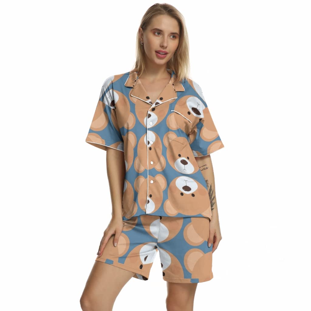 Women's Soft Silk Bear Pajama Set - Short Sleeve Loungewear for Sleep & Relaxation