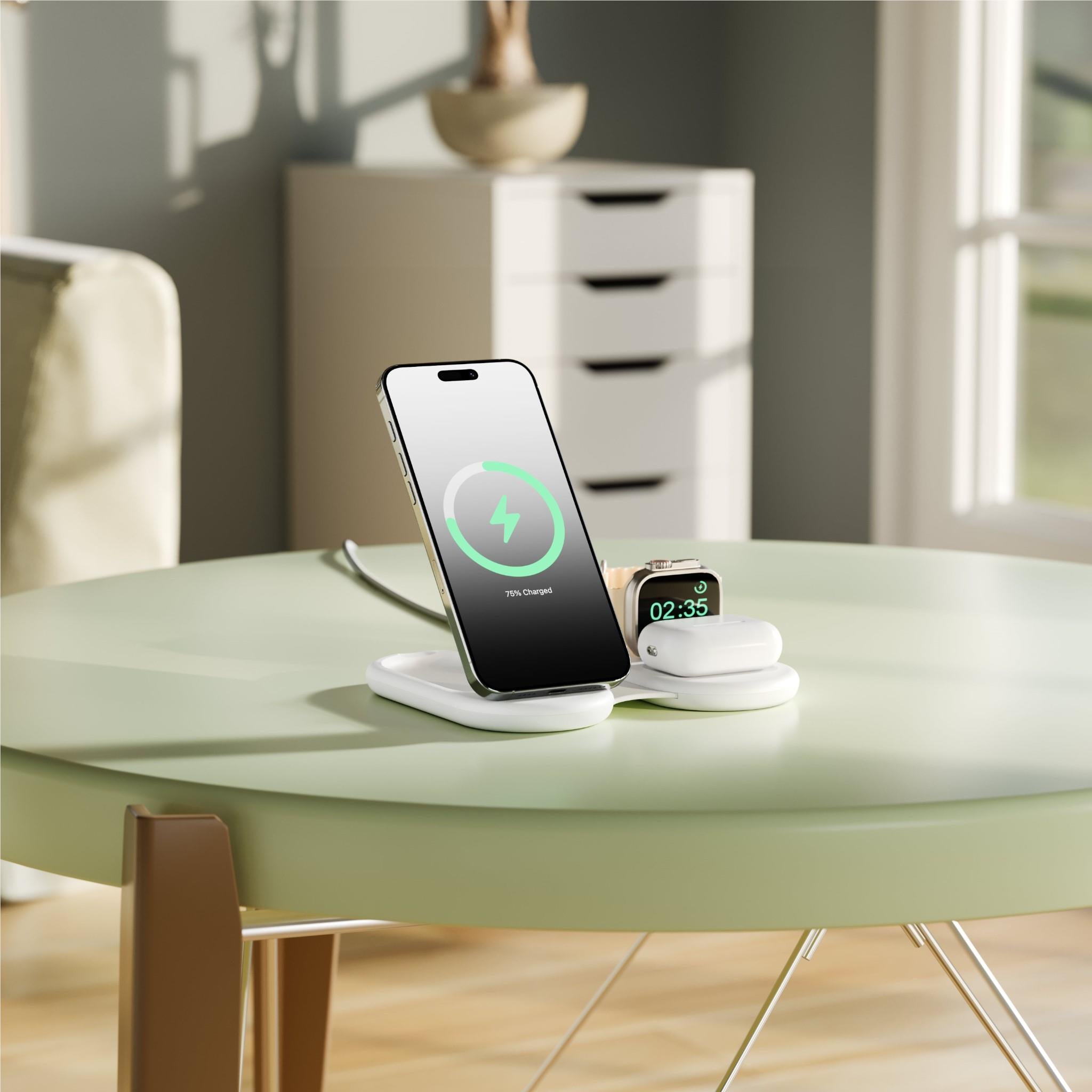 Alogic PackAway 3-in-1 Qi2 Certified Wireless Charging Stand for iPhone, AirPods & Apple Watch - Fast Charging Station with Foldable Design (White) - Perfect for Home, Office & Travel
