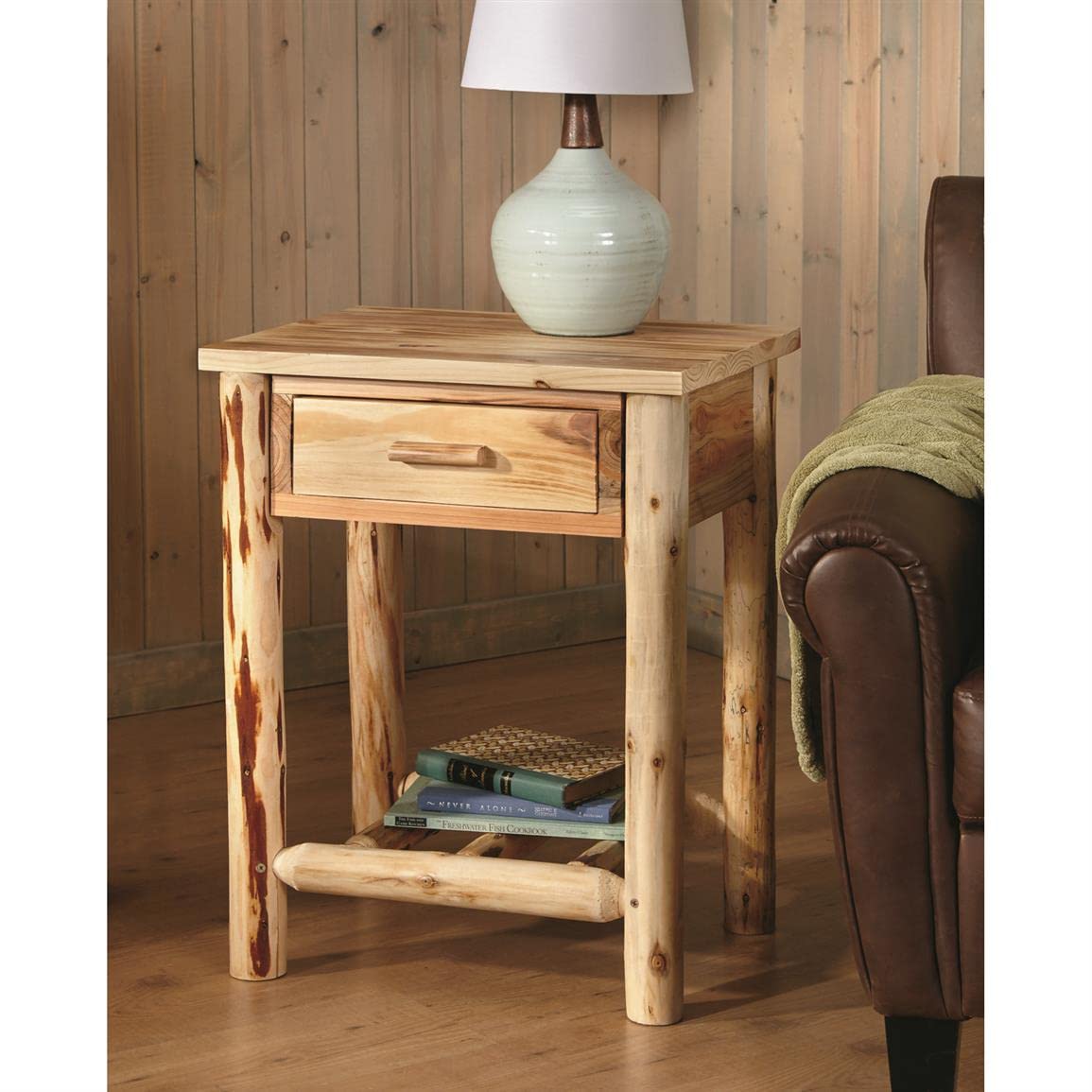 Rustic Pine Log End Table with Storage Drawer - Natural Weathered Wood Nightstand for Bedroom, Side Table for Living Room Couch - Perfect for Farmhouse, Cabin & Rustic Home Decor
